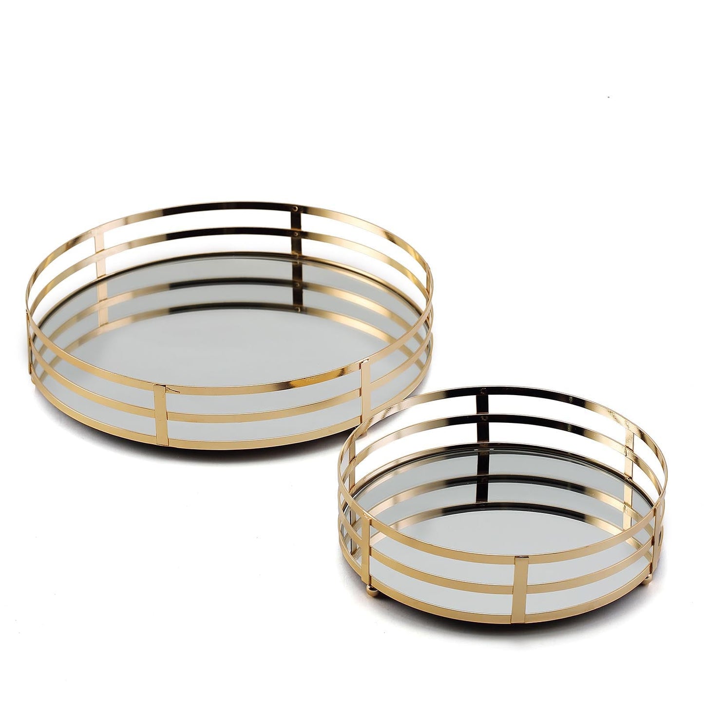 Gold metal round mirror serving trays, set of 2, decorative vanity trays.