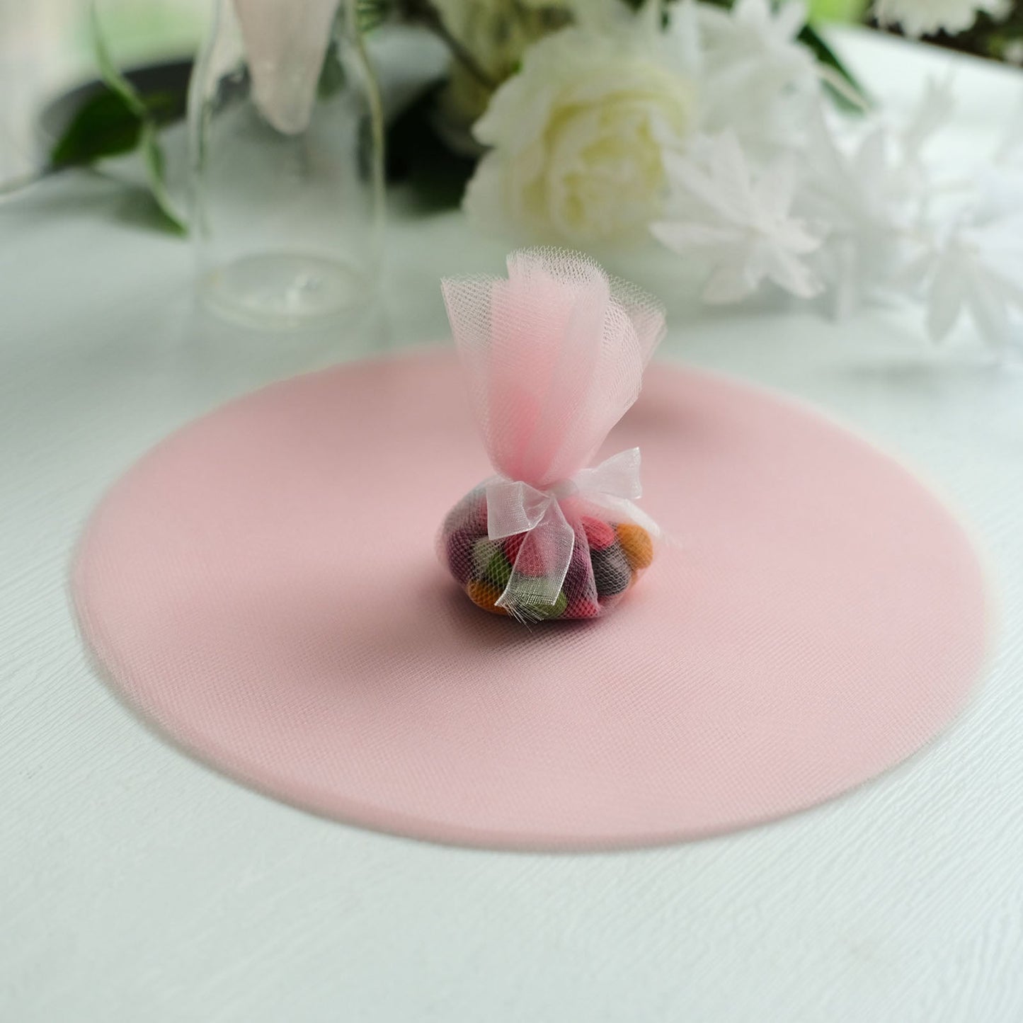 25 Pack 9" Blush Sheer Nylon Tulle Circles Favor Wrap Craft Fabric, DIY Candy Favor Wraps