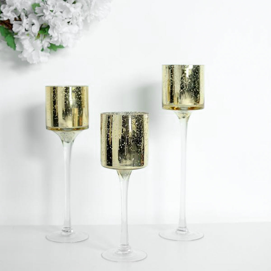 Gold Long Stem Cylinder Candle Holder In Mercury Glass Set Of 3