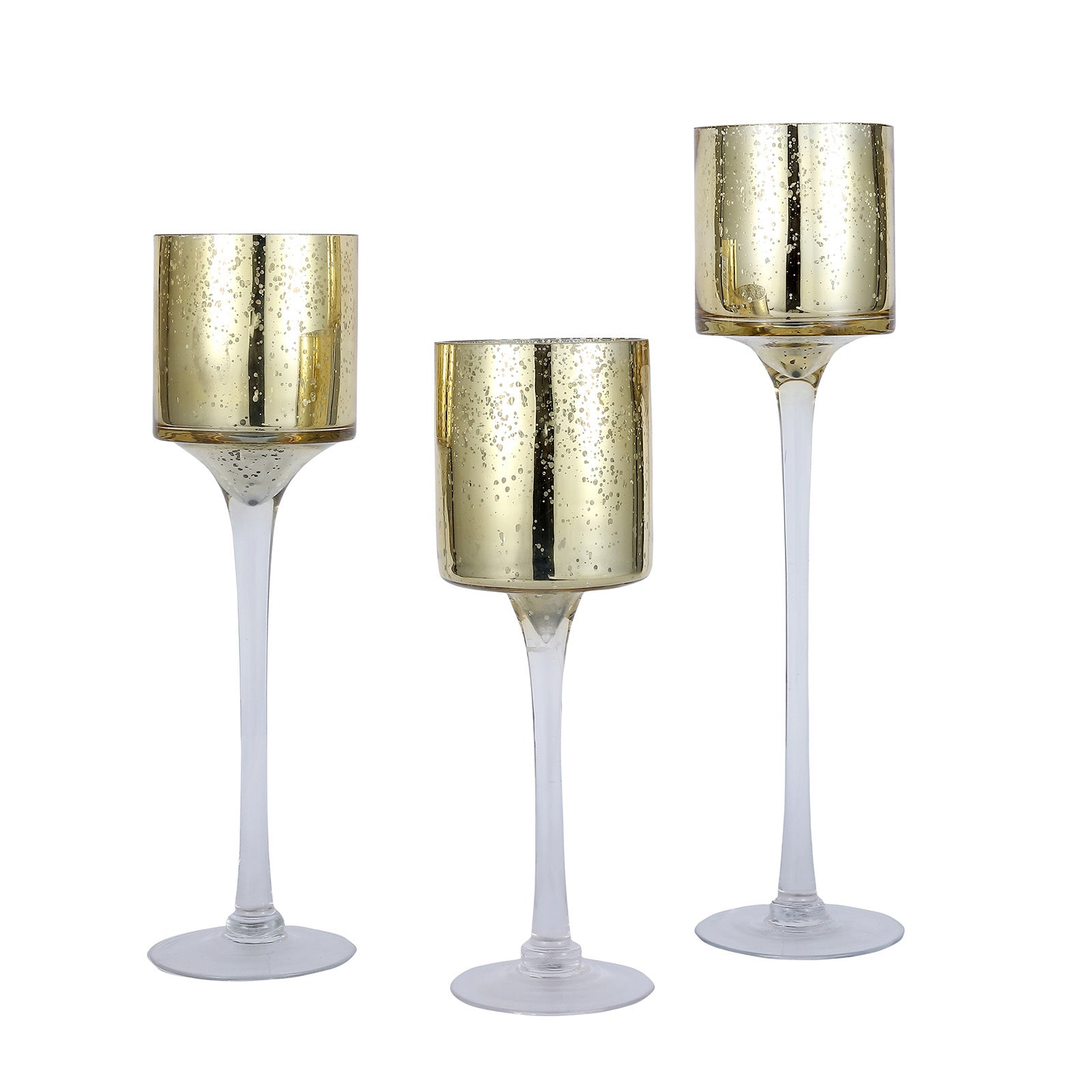 3-Piece Set Of Gold Cylinder Candle Holders Long Stem Mercury Glass#whtbkgd