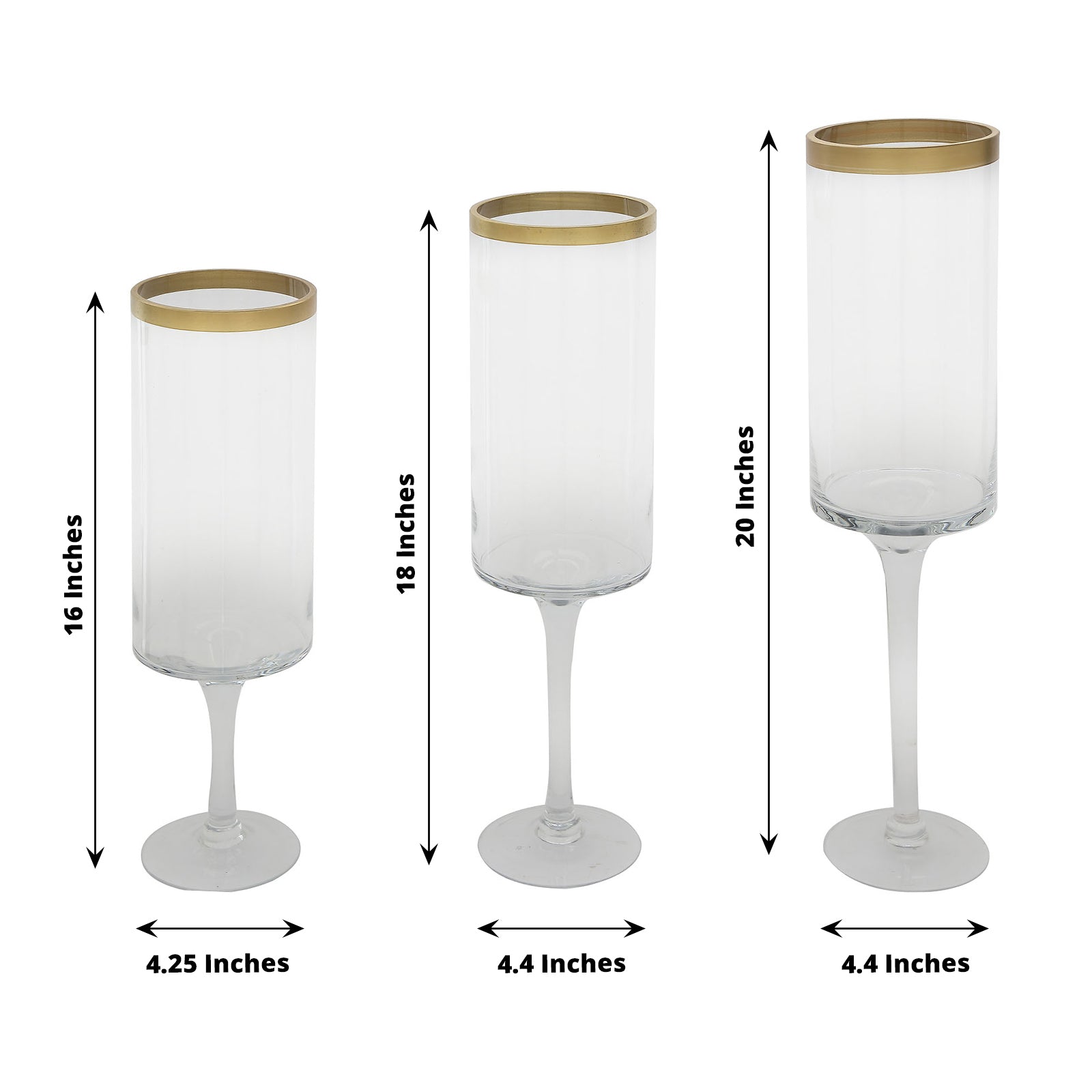 Clear gold rimmed long stem glass hurricane candle holders, sizes 16", 18", 20".