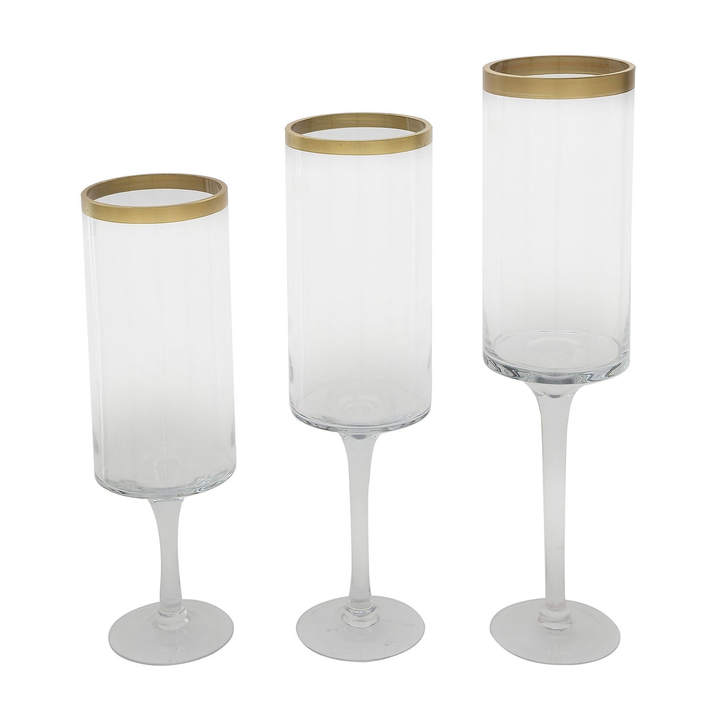 Clear gold rimmed long stem glass hurricane candle holders set of 3.