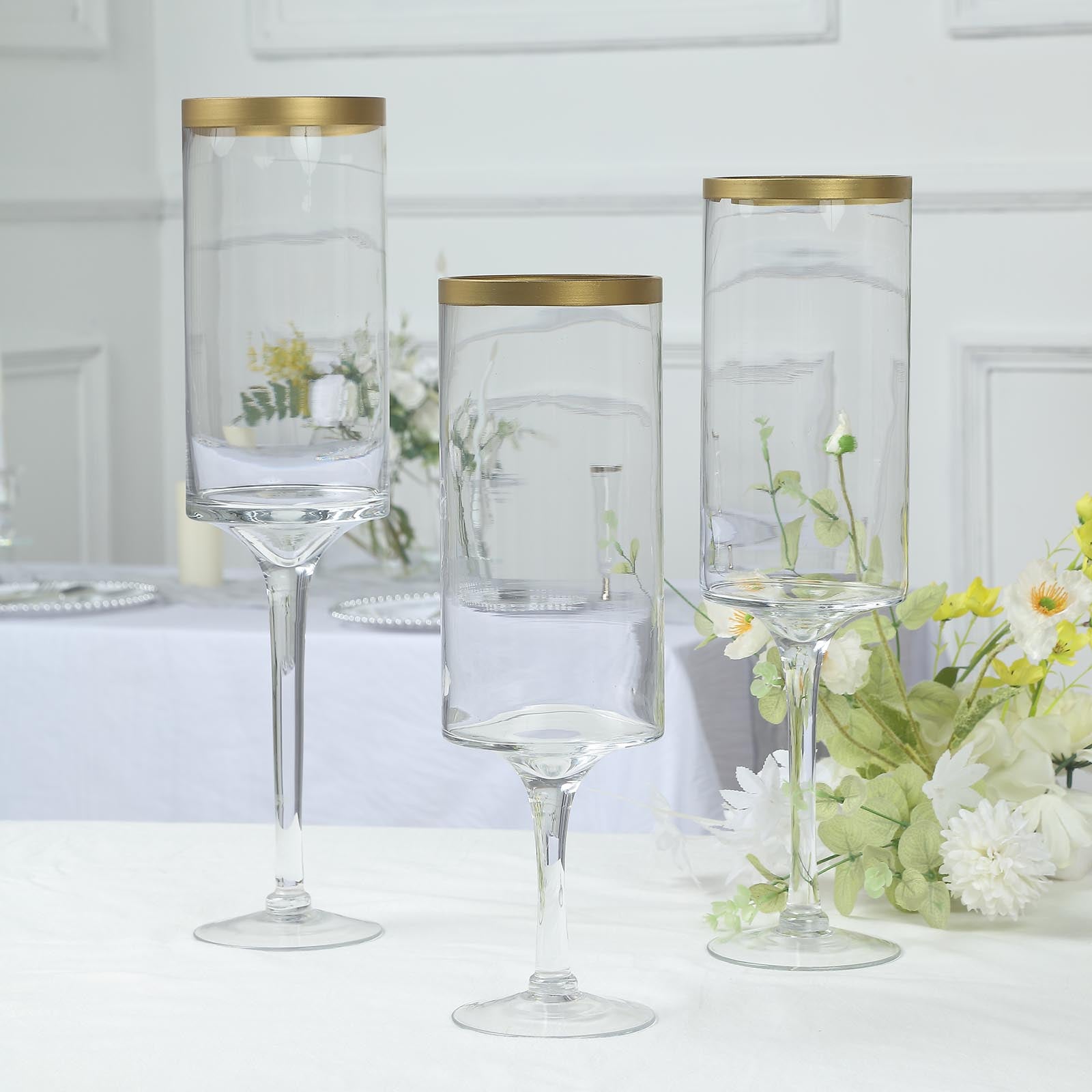 Clear gold rimmed long stem glass hurricane candle holders set of 3.