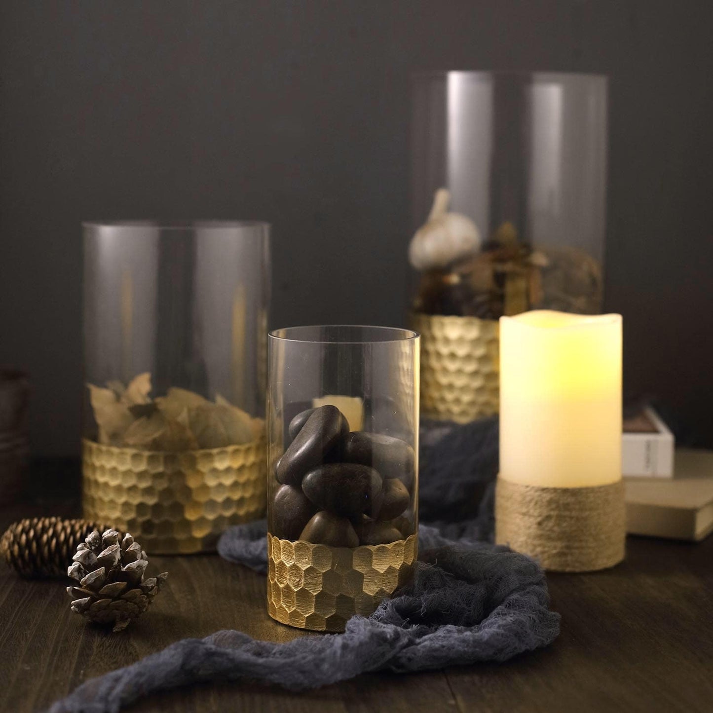 Glass cylinder vases with gold honeycomb base, candle holder set.