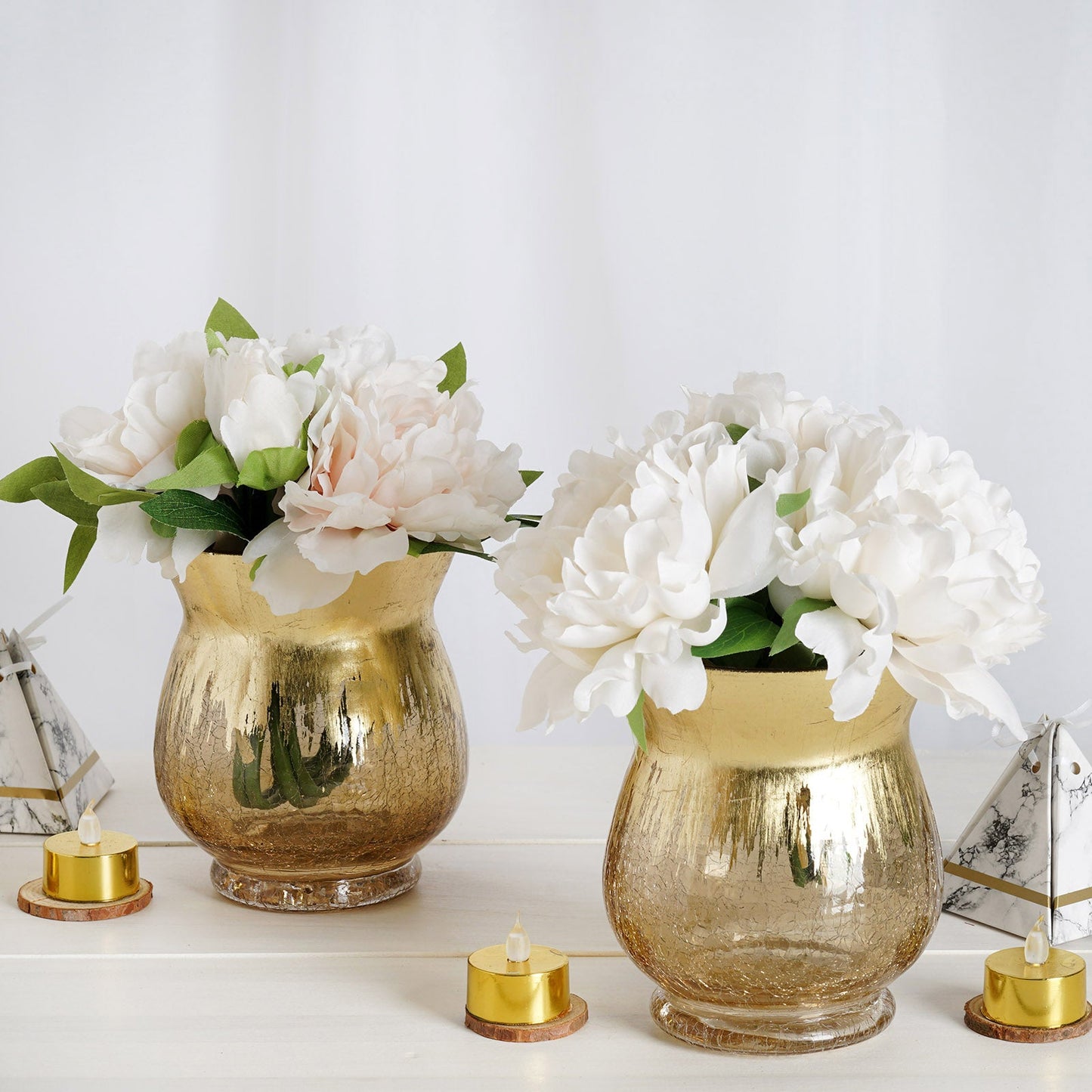 Set of 2 | 6" Gold Crackle Glass Hurricane Vase Candle Holder | Floral vase