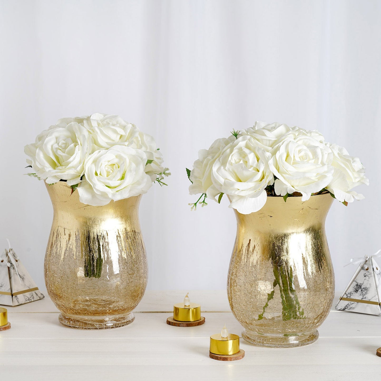 Pack of 2 - 8" Gold Crackle Glass Flower Vase | Hurricane Candle Holders