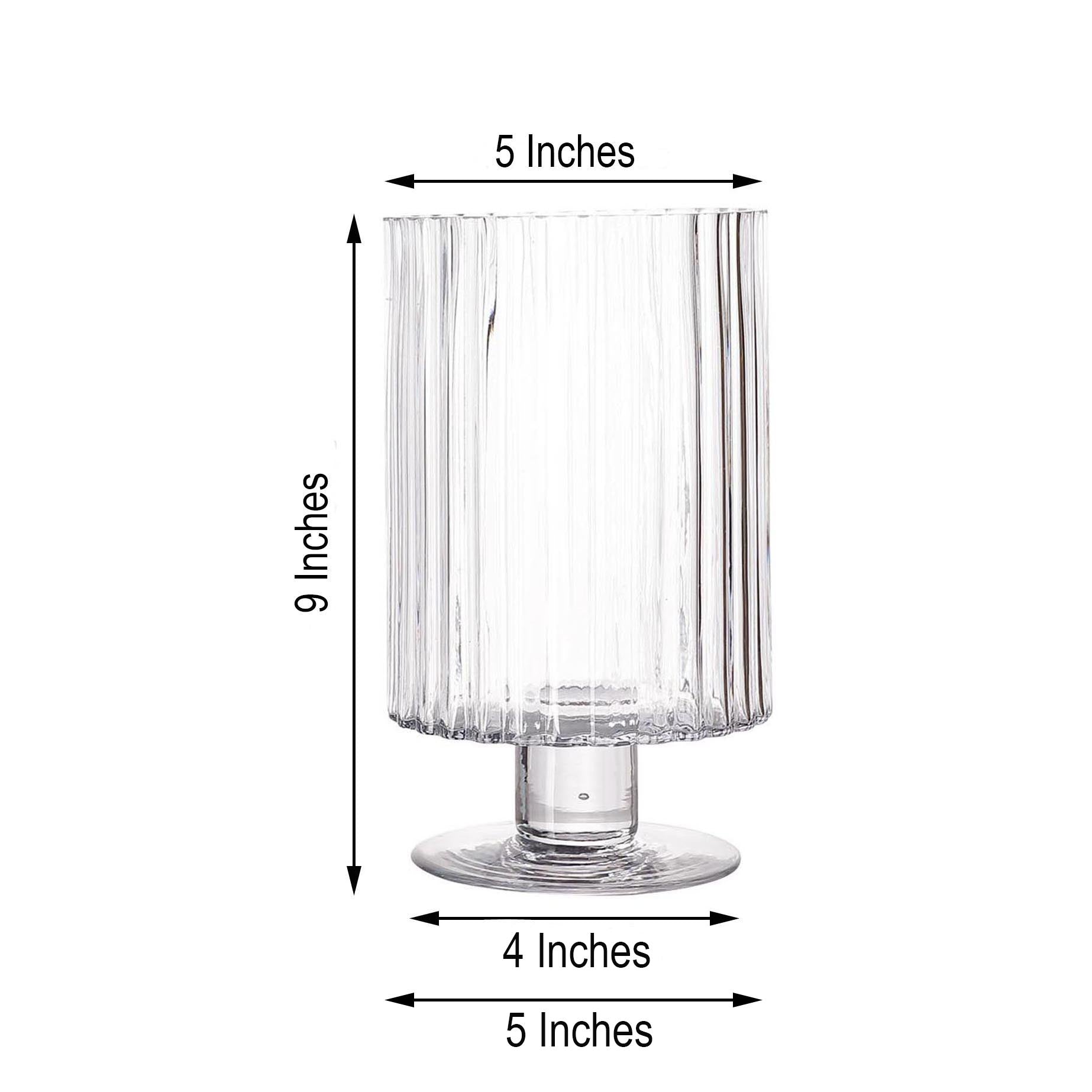 Clear ribbed glass pedestal vase, 9 inches tall, heavy-duty candle holder.