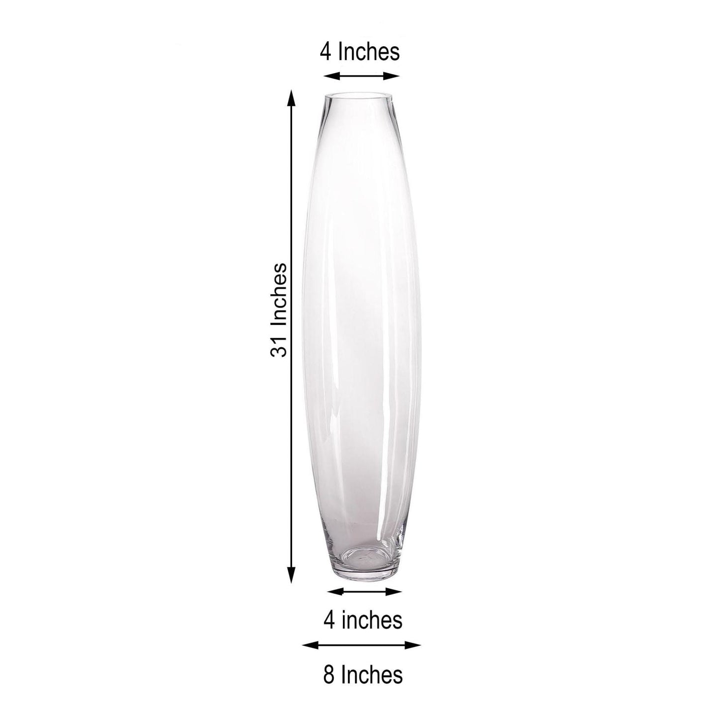 Clear glass vase, 31 inches tall, 4 inches wide, perfect for floral arrangements.