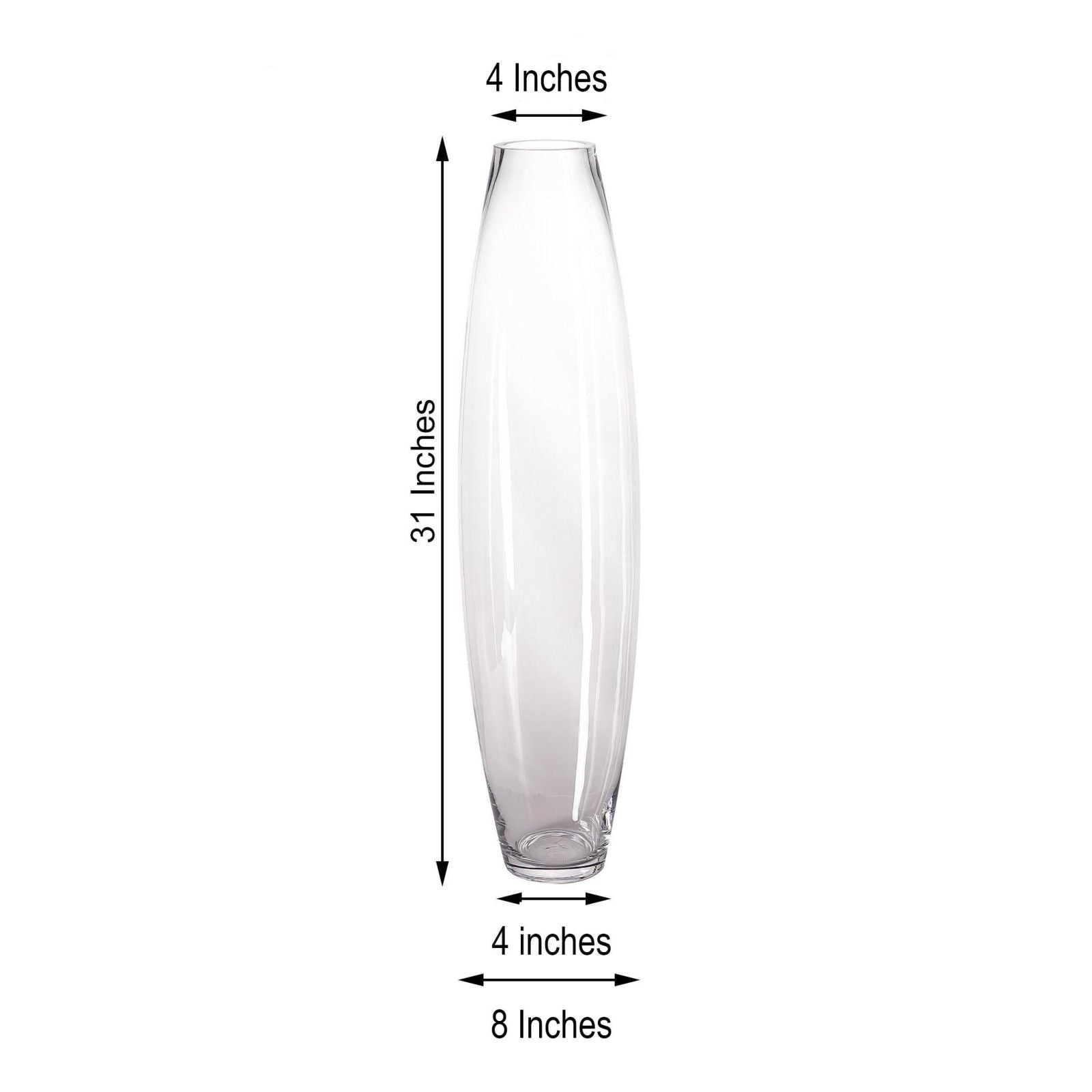 Clear glass vase, 31 inches tall, 4 inches wide, perfect for floral arrangements.