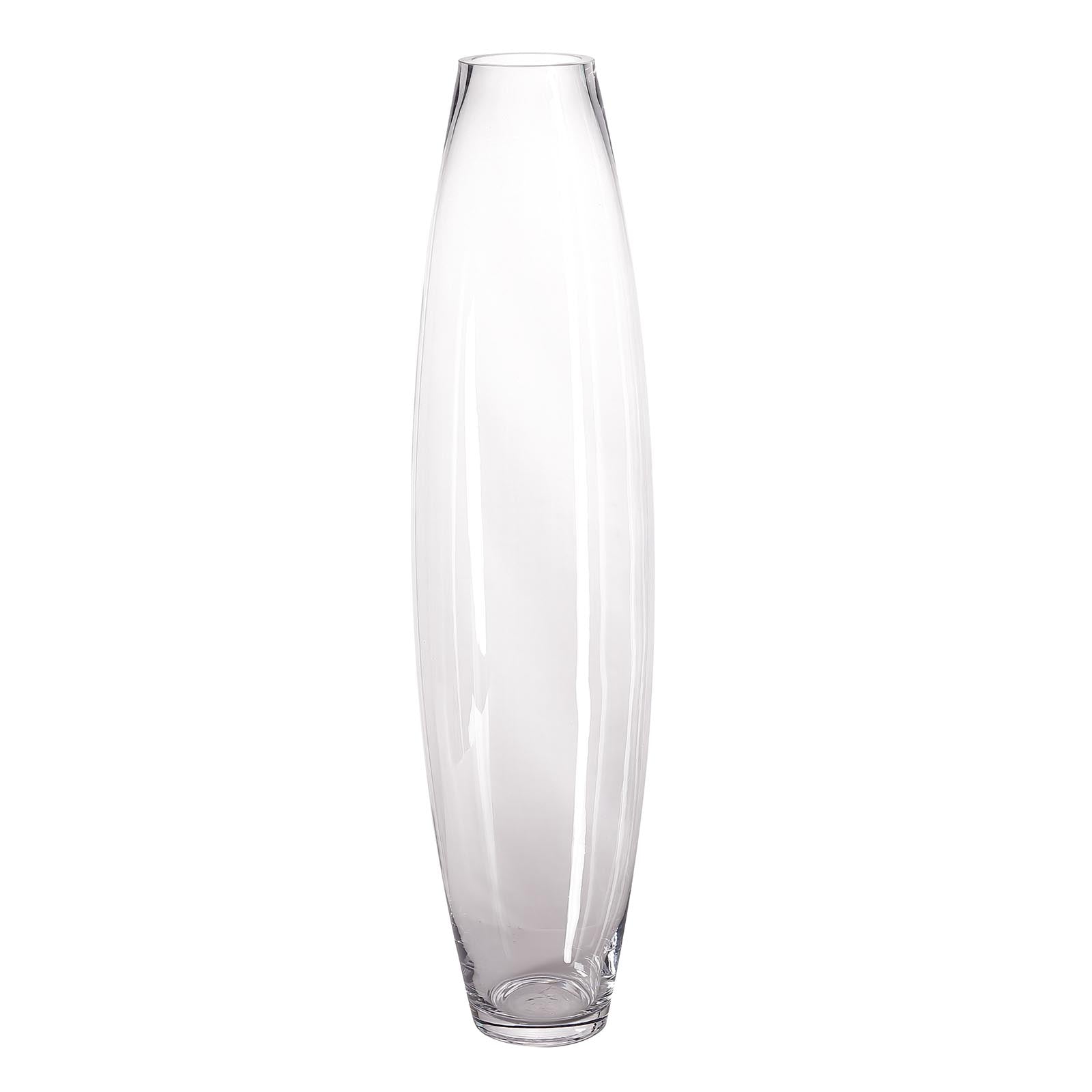 Tall, elegant glass vase for home decor and flower arrangements.