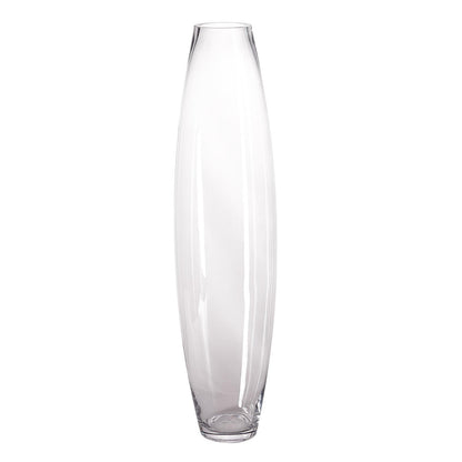 Tall, elegant glass vase for home decor and flower arrangements.
