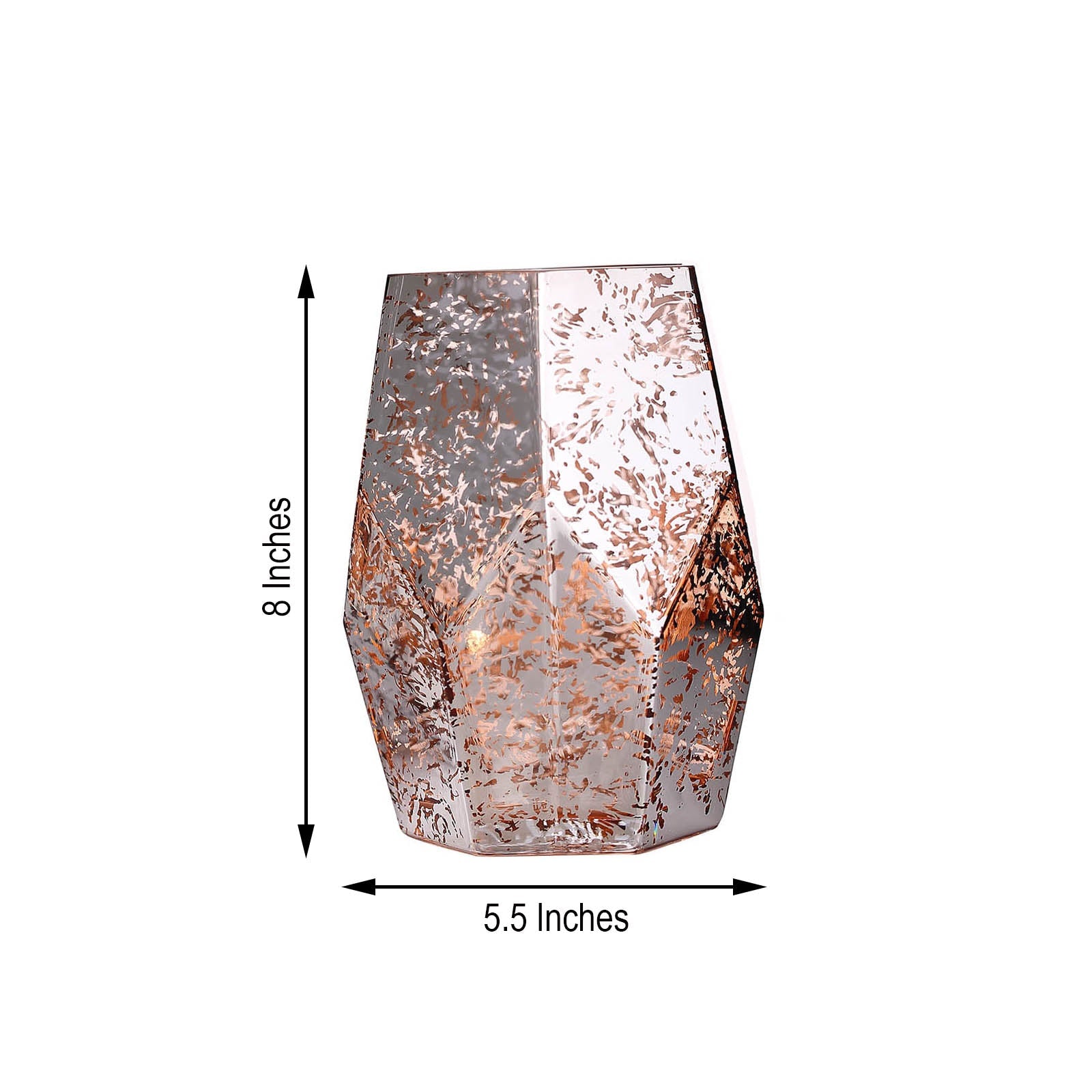 Rose gold pentagon vase, 8 inches tall, perfect for candle display.