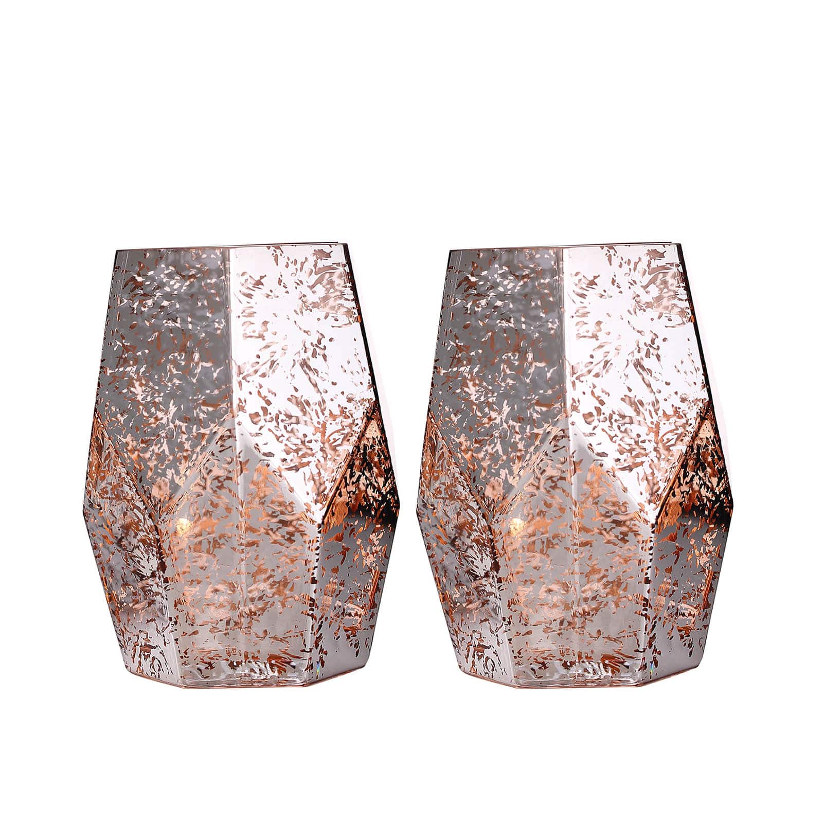 Rose gold geometric vases, set of two, perfect for candle display.