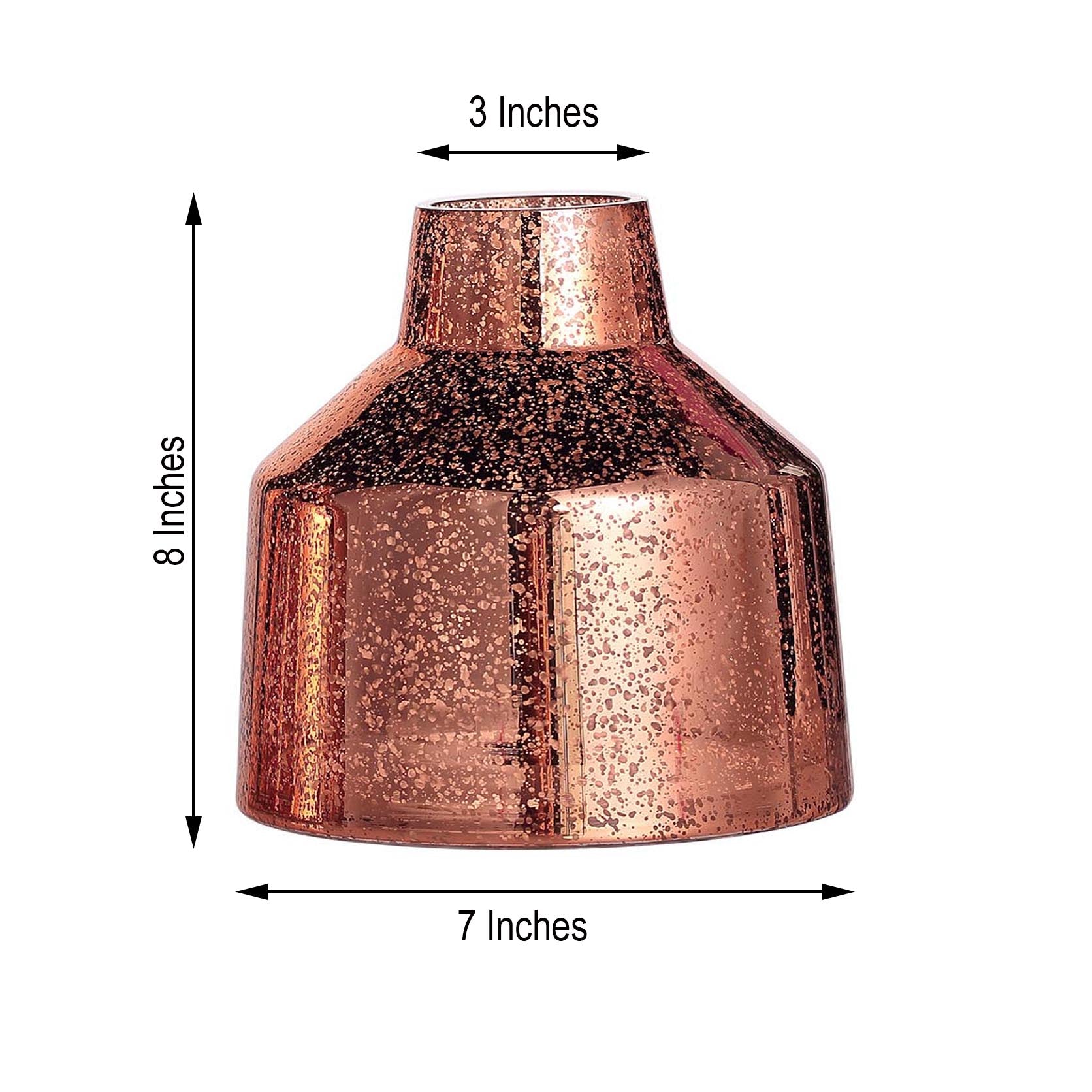 Rose gold mercury glass vase, vessel shaped, 8 inches tall.
