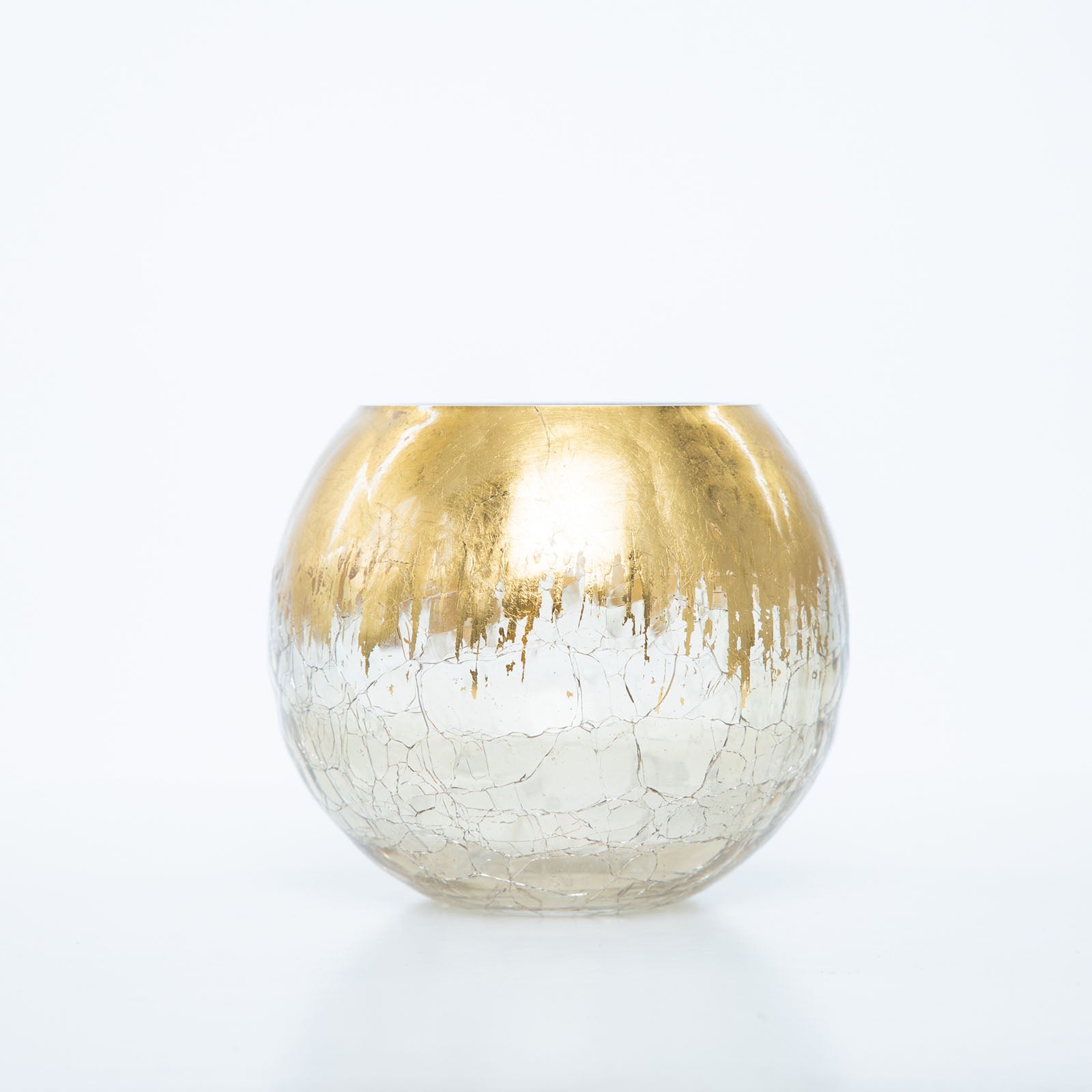 Gold crackle glass bud vase for elegant table centerpiece.