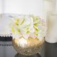 Gold foiled crackle glass flower vase with white and pink flowers.