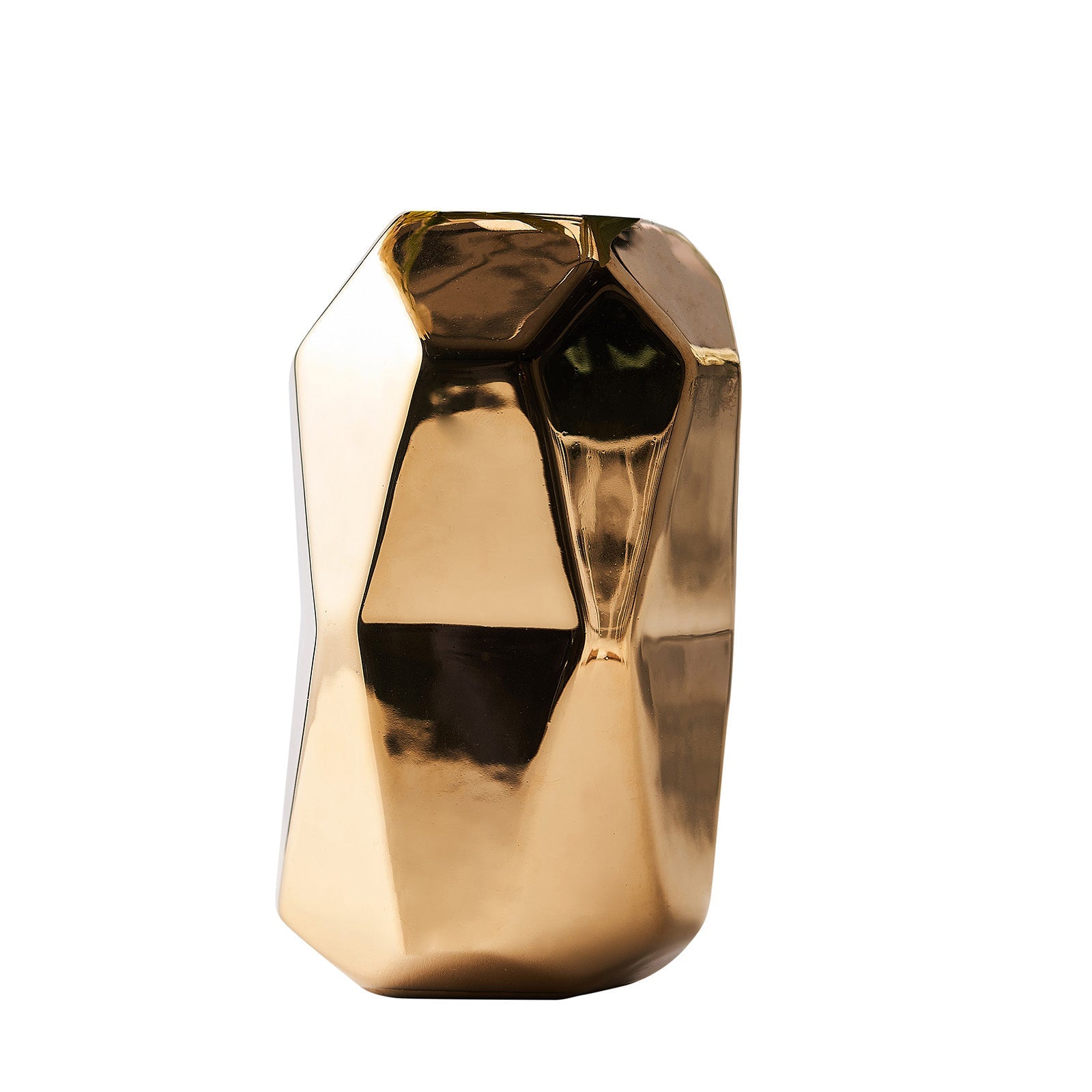 Gold metallic geometric ceramic vase, modern design, stylish decor accent.