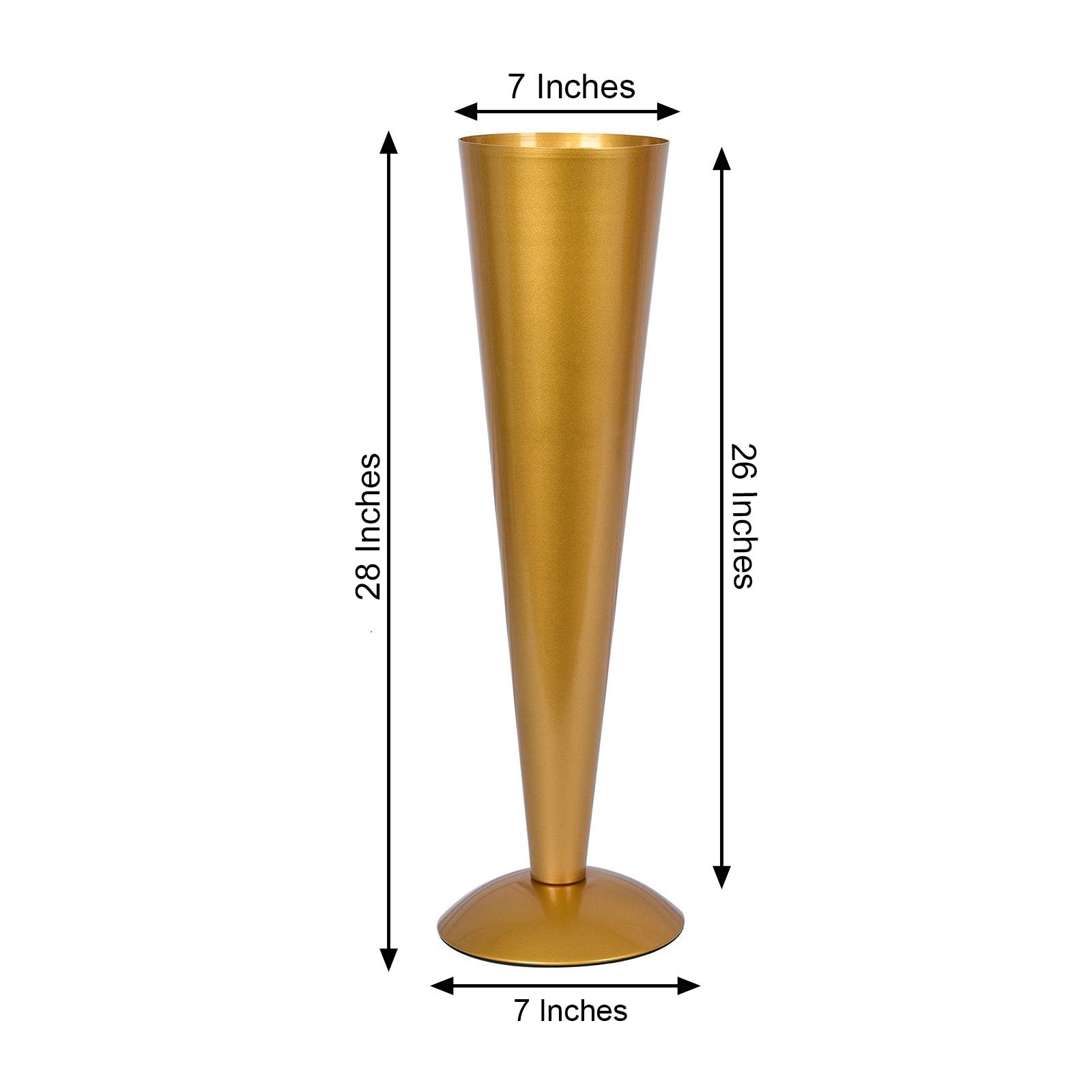 Brushed gold metal trumpet flower vase centerpiece, 28 inches tall.