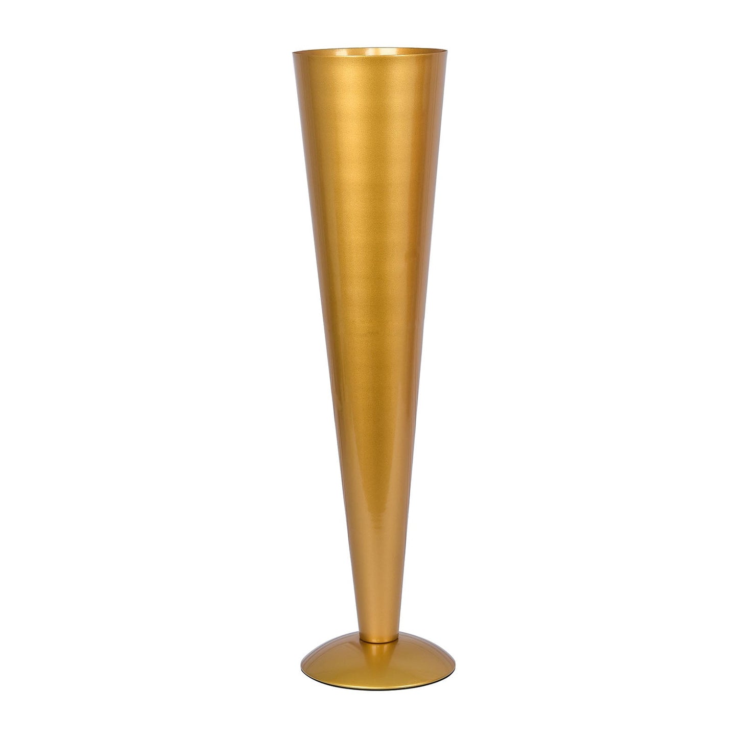 Brushed gold metal trumpet flower vase, 28 inches tall, elegant wedding centerpiece.