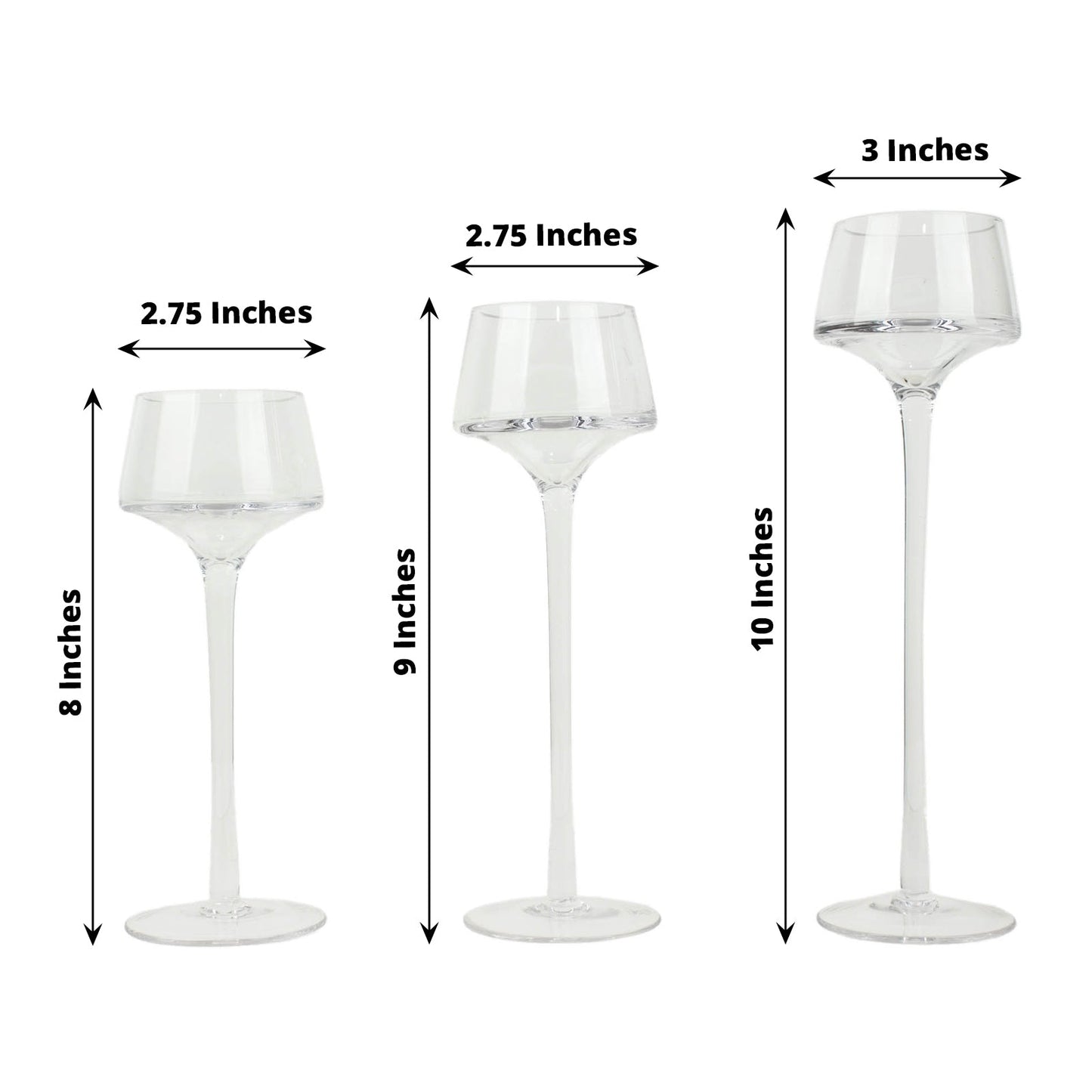 Set of 3 clear glass tealight candle holders, 8", 9", 10" tall.