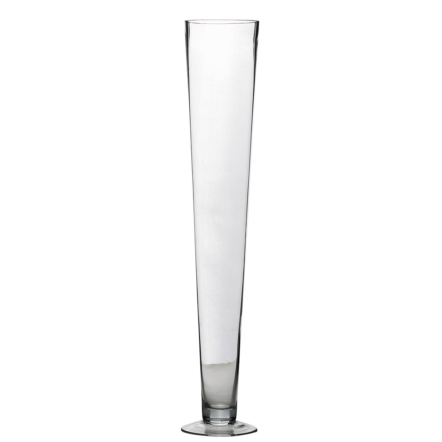 Clear heavy duty trumpet glass vase, 24 inches tall, perfect for elegant displays.
