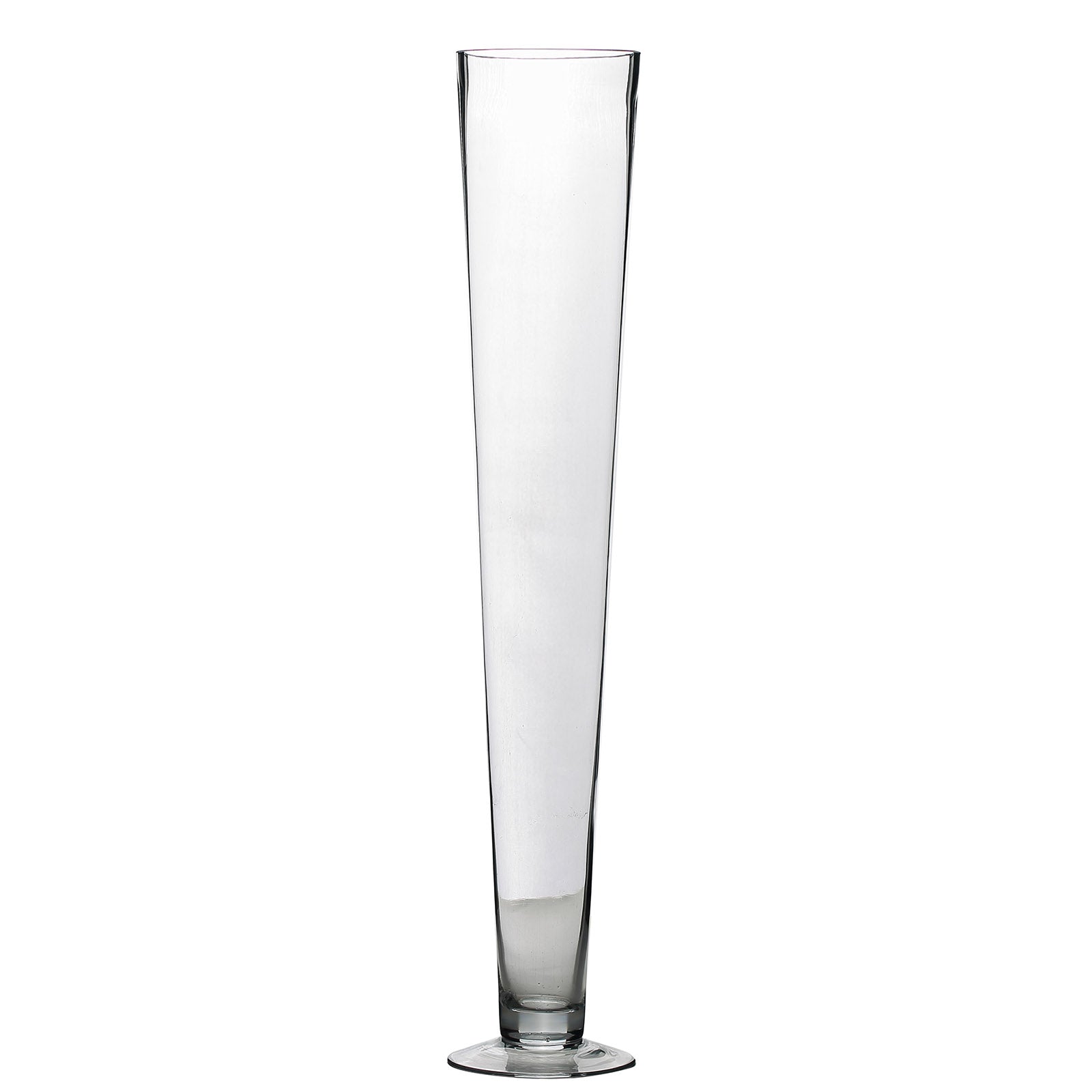 Clear heavy duty trumpet glass vase, 24 inches tall, perfect for elegant displays.