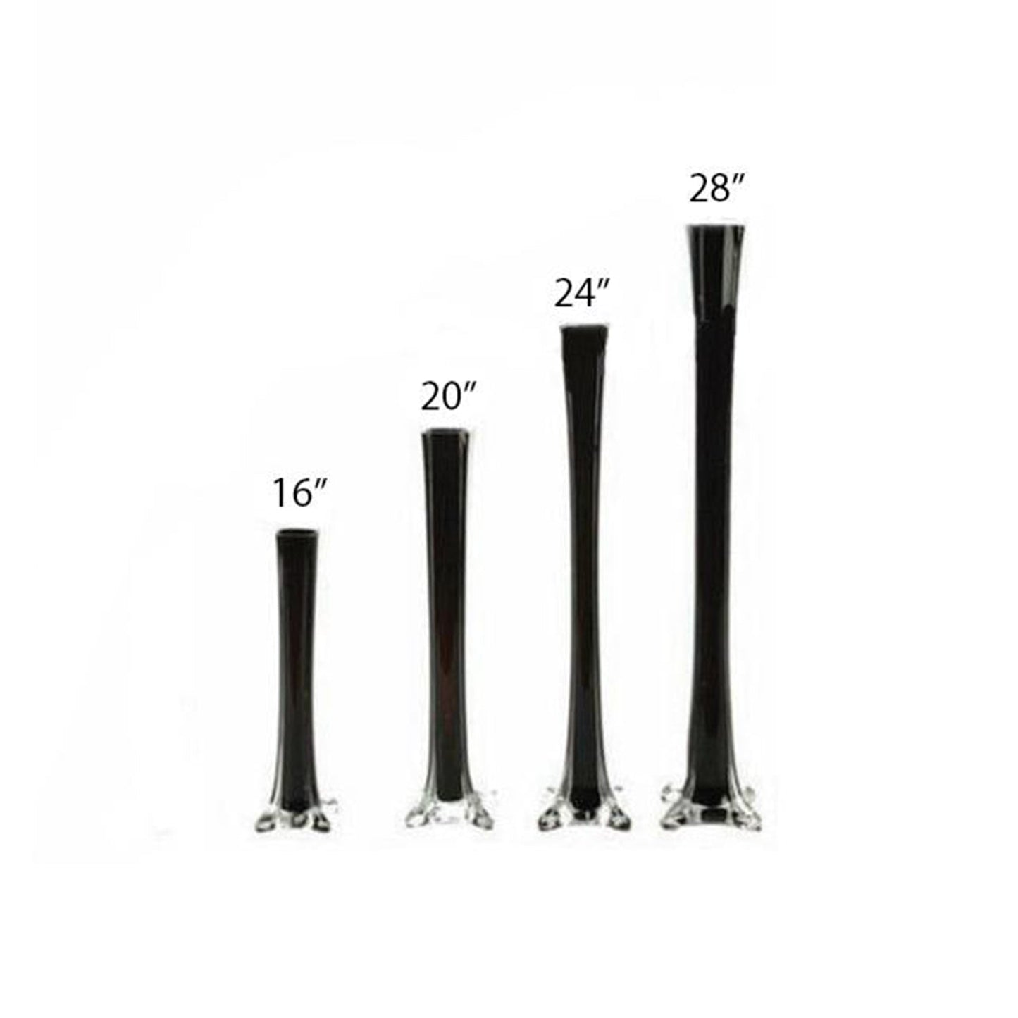 Black Eiffel Tower glass flower vases in various heights, elegant decor pieces.