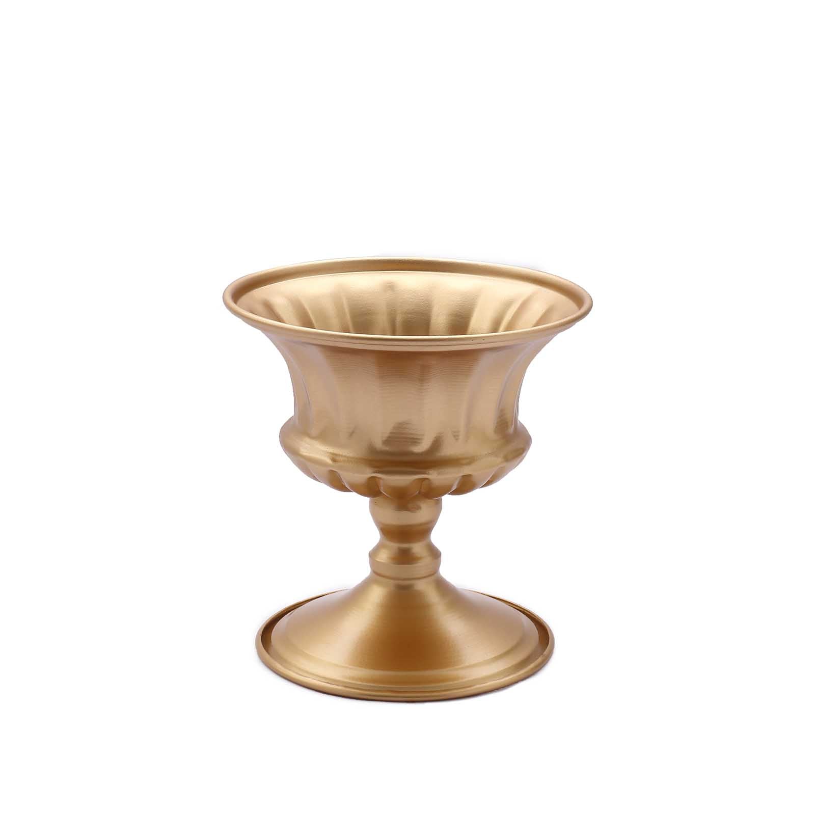 6" gold metal Roman style flower table pedestal vase, antique mini compote vase.