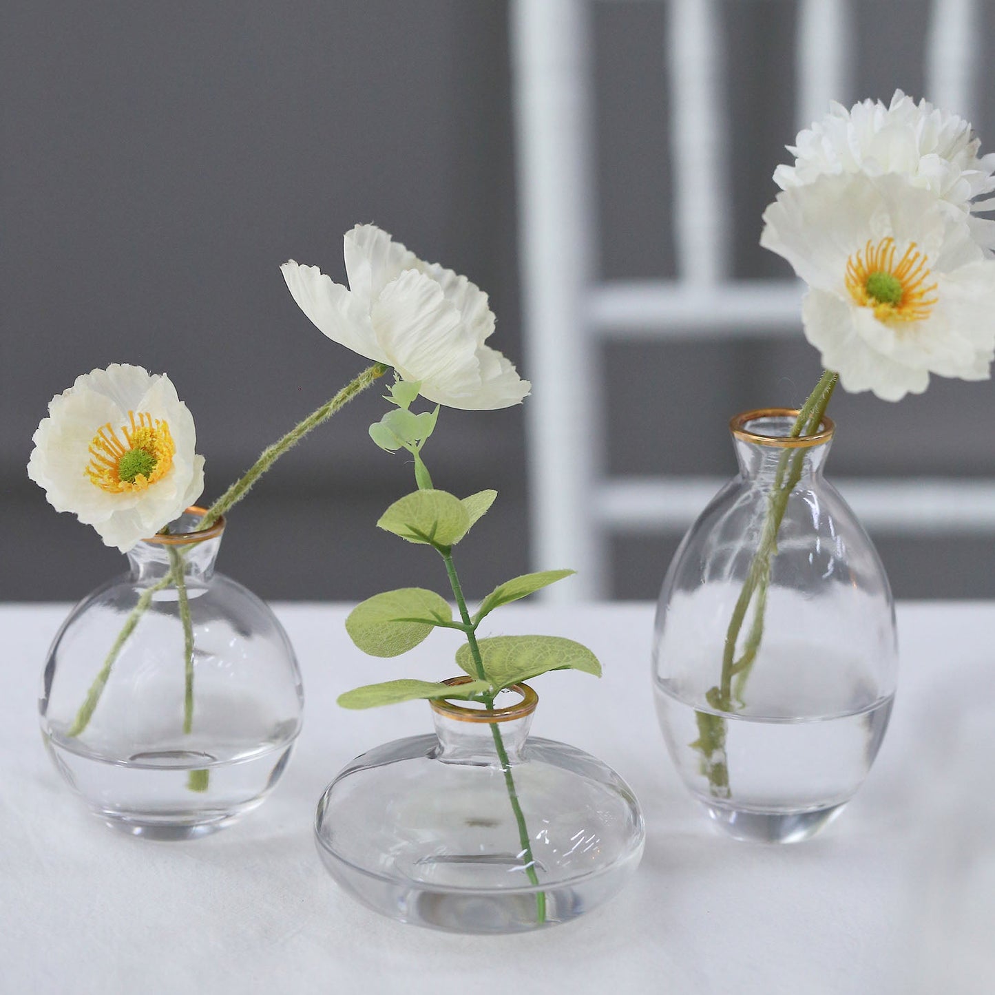 Set of 3 Small Clear Glass Flower Vases With Metallic Gold Rim, Modern Bud Vase Table Centerpieces – Assorted Sizes