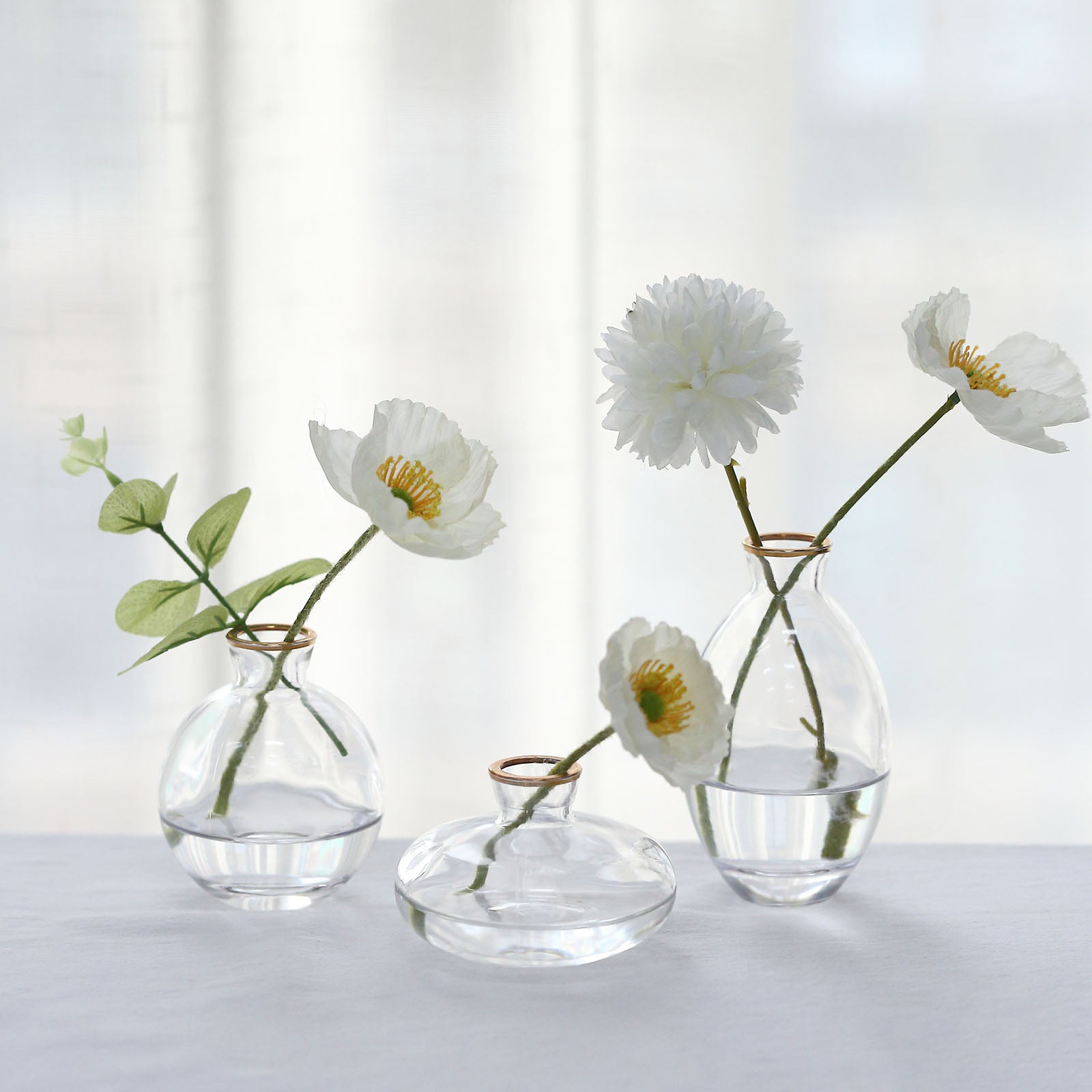 Set Of 3 Clear Glass Bud Vases With Metallic Gold Rim