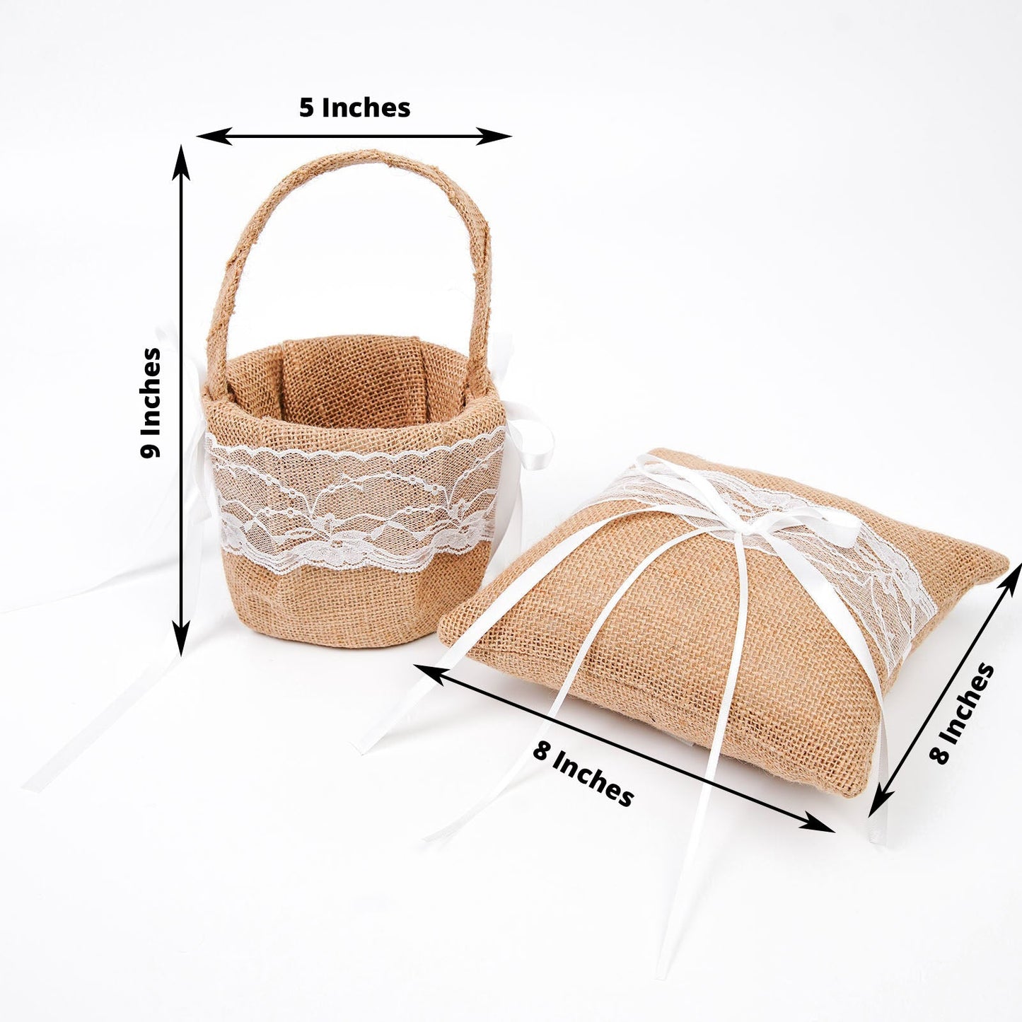 Natural burlap and lace flower girl basket and ring bearer pillow set.