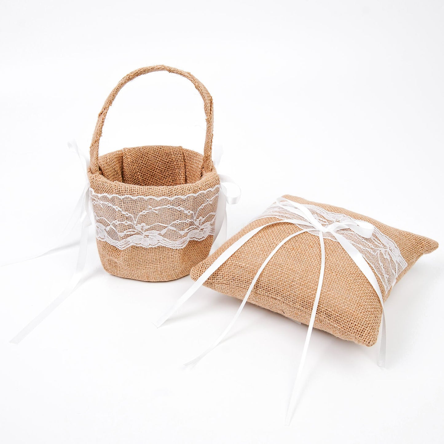 Natural burlap and lace flower girl basket and ring bearer pillow set