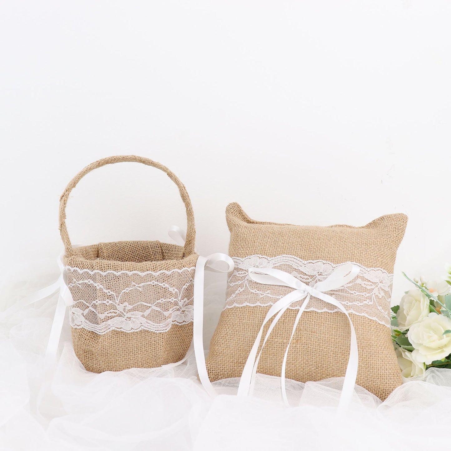 Natural burlap flower girl basket and ring bearer pillow wedding set.