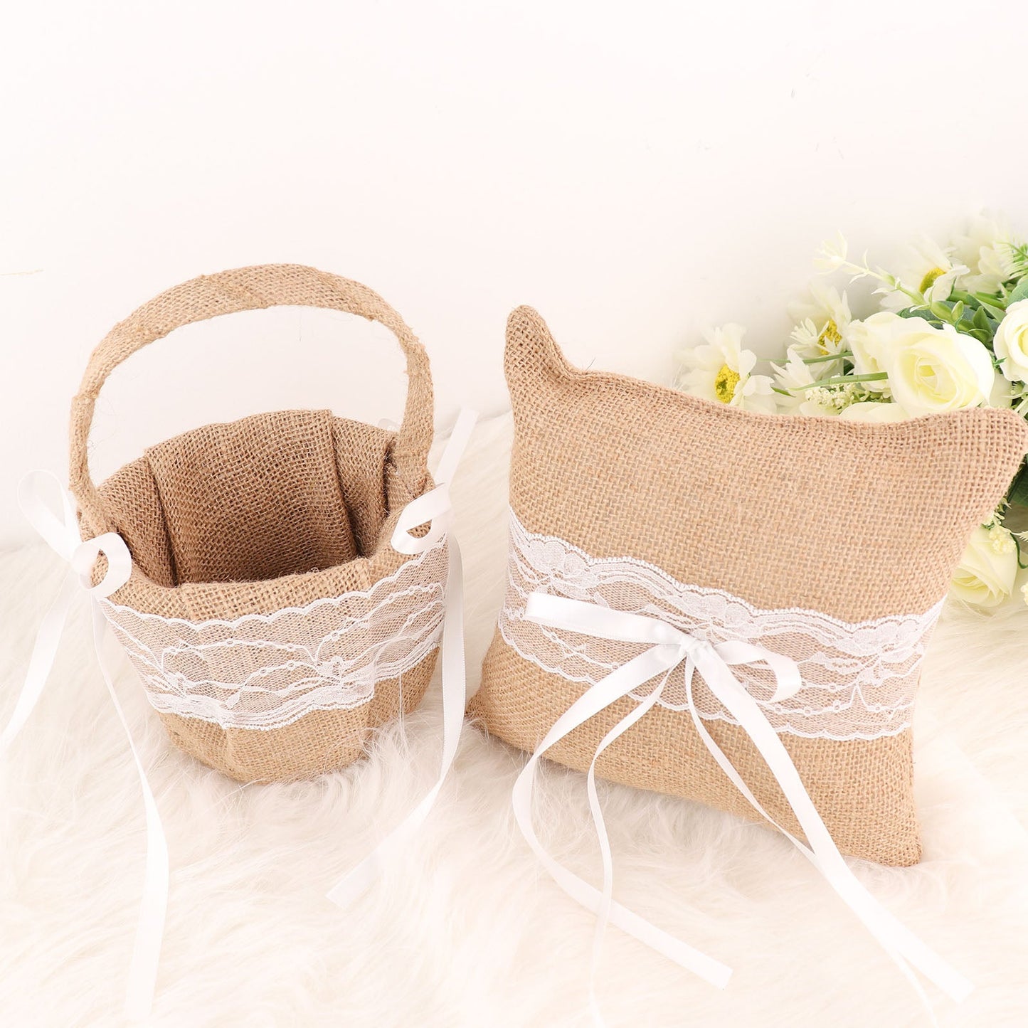 Natural burlap flower girl basket and ring bearer pillow wedding set.