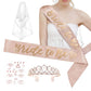 Rose gold bachelorette party decor accessories with veil, tiara, sash, and stickers.