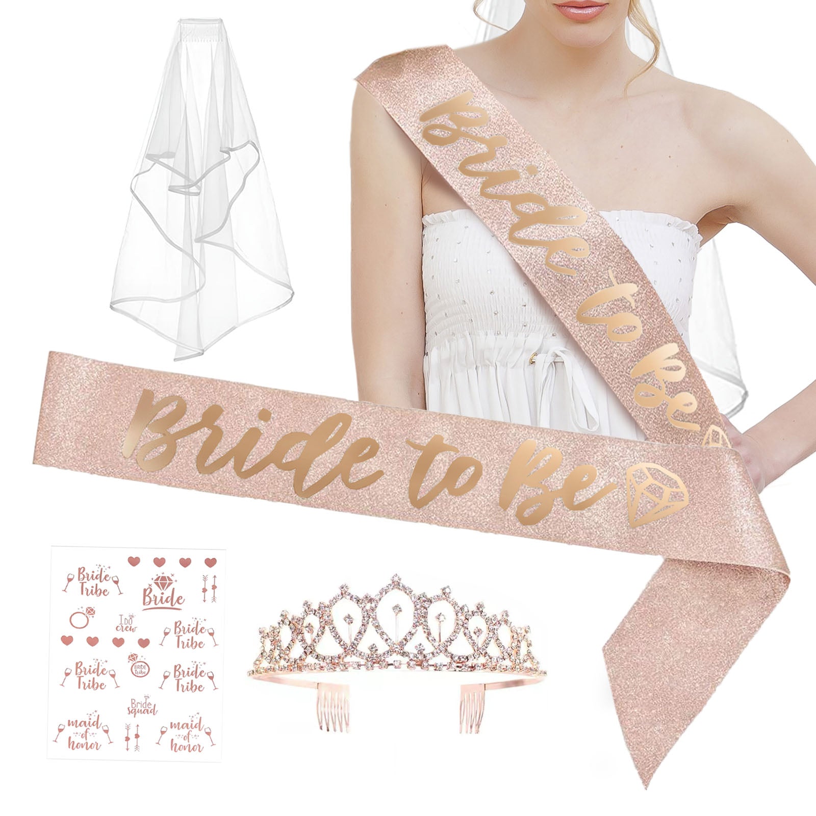 Rose gold bachelorette party decor accessories with veil, tiara, sash, and stickers.
