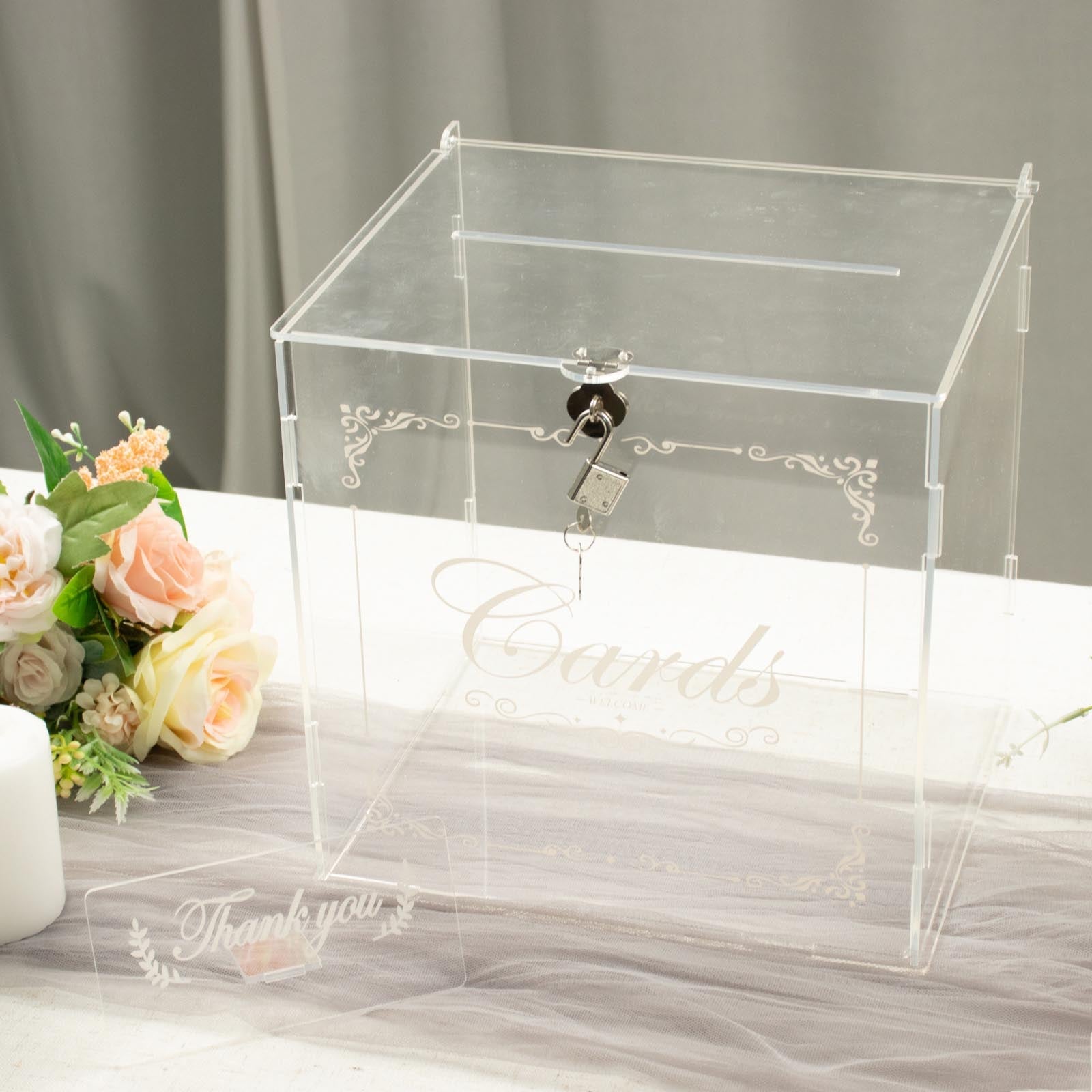 Clear Acrylic 3D Leaf Petal Card Box 10X8.5X9.8 Inch With Lock Key & Sign Stand