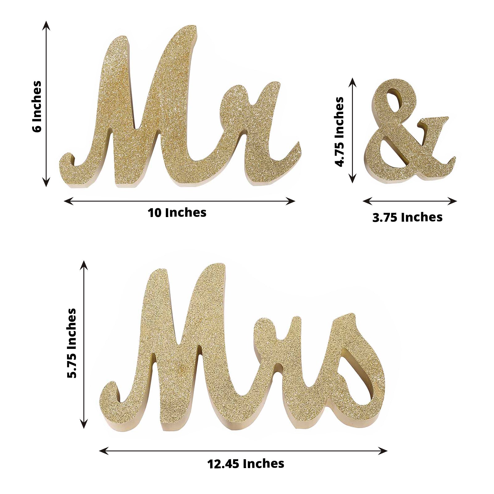 Gold glittered "Mr & Mrs" wooden photo props for rustic wedding decor.