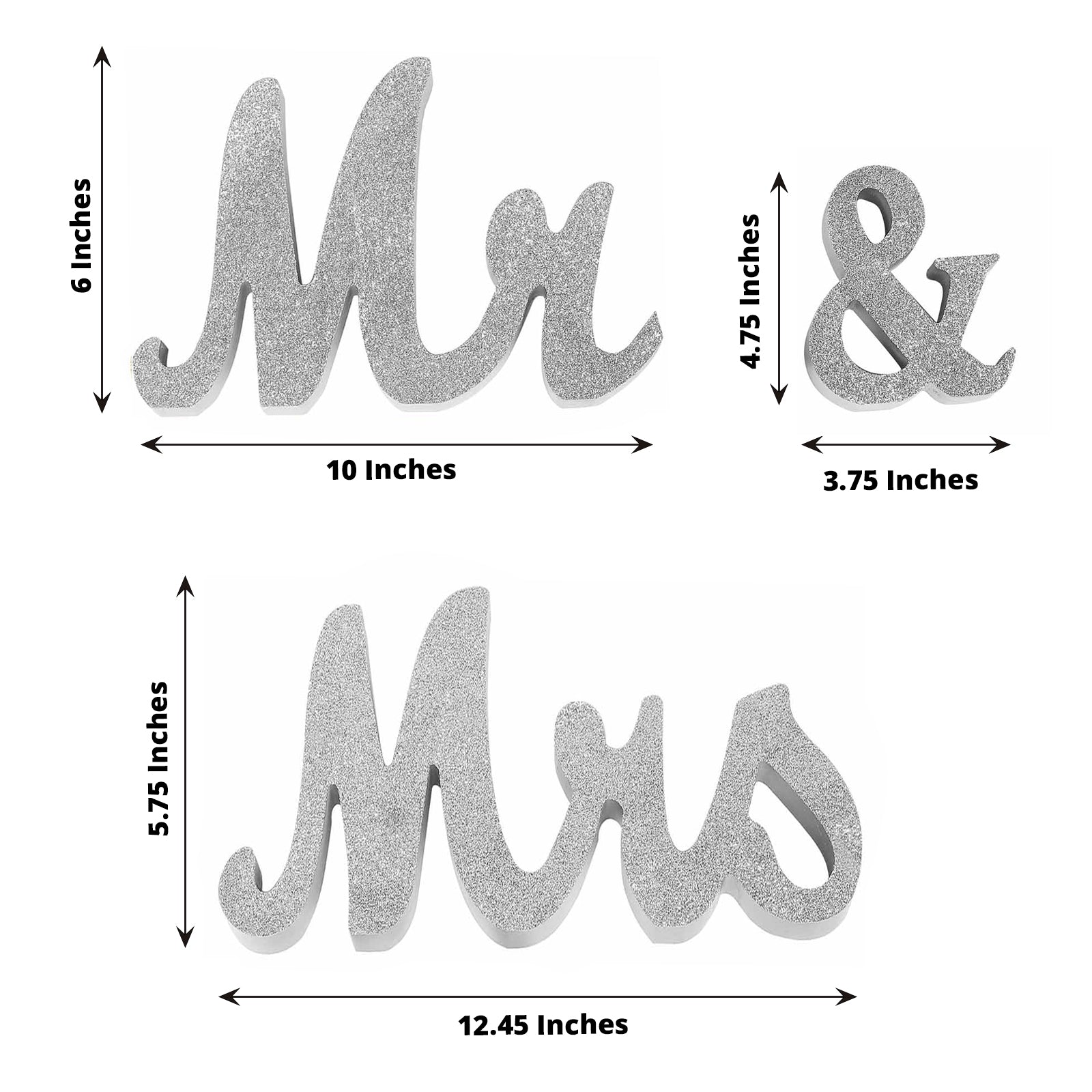 Silver glittered "Mr & Mrs" wooden photo props for rustic wedding decor.