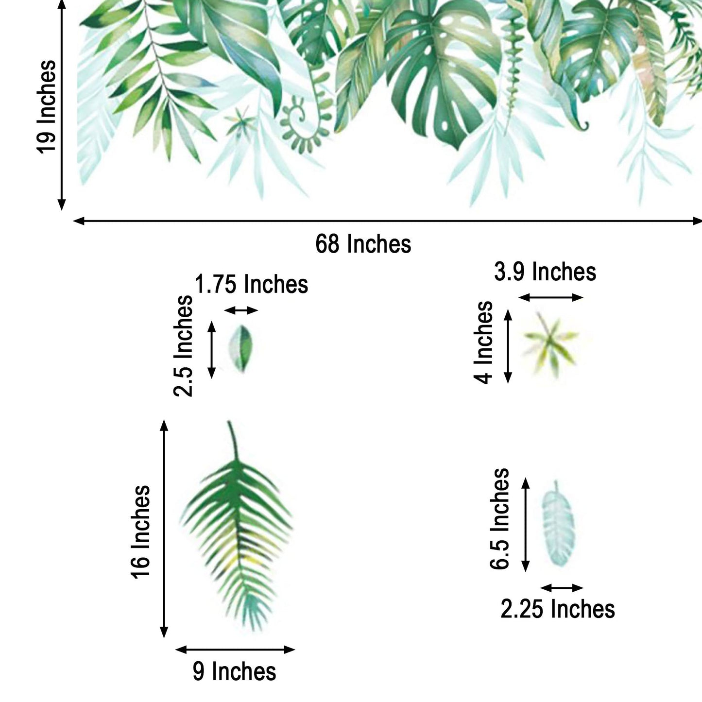 Green tropical assorted hanging leaves wall decals for vibrant decor.