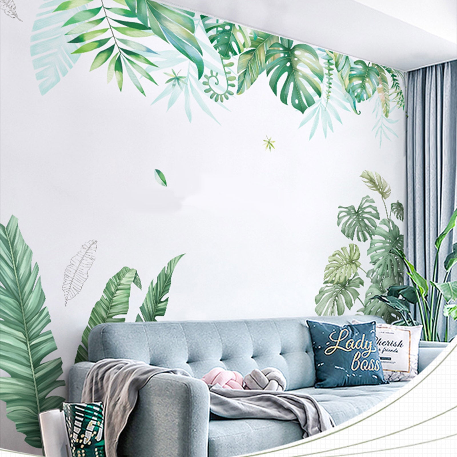 Green tropical assorted hanging leaves wall decals for home decor.