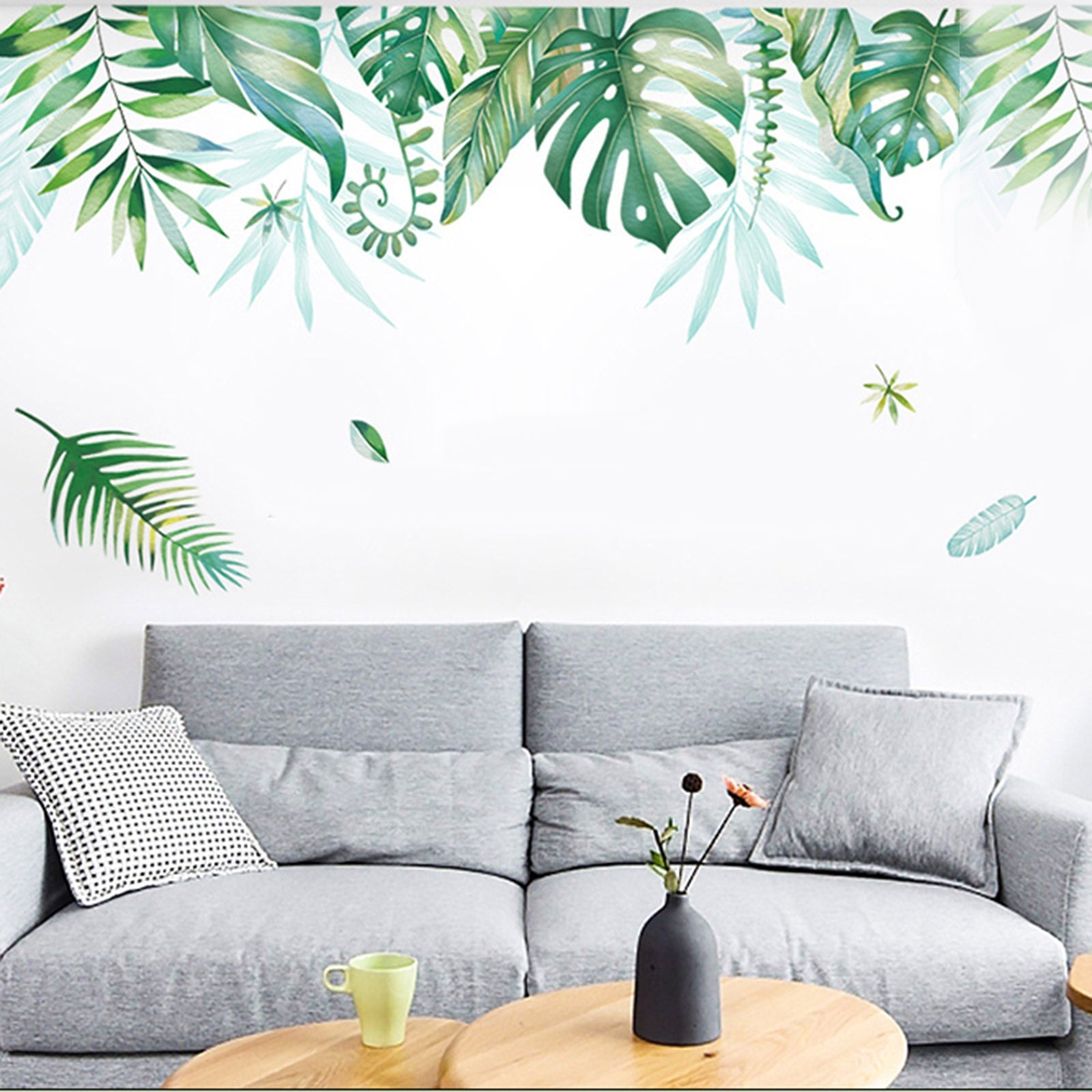 Green tropical assorted hanging leaves wall decals for home decor.