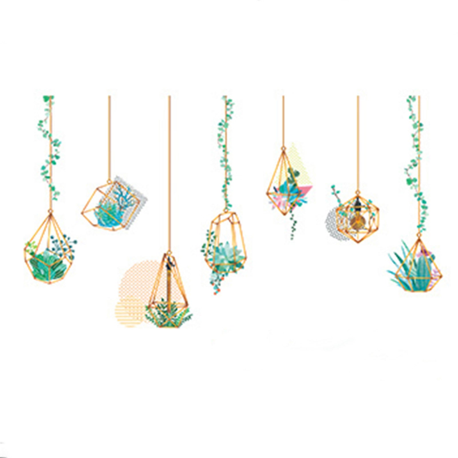 Hanging terrarium plants wall decals in green and gold.