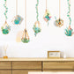 Hanging terrarium plants wall decals in vibrant green and gold.