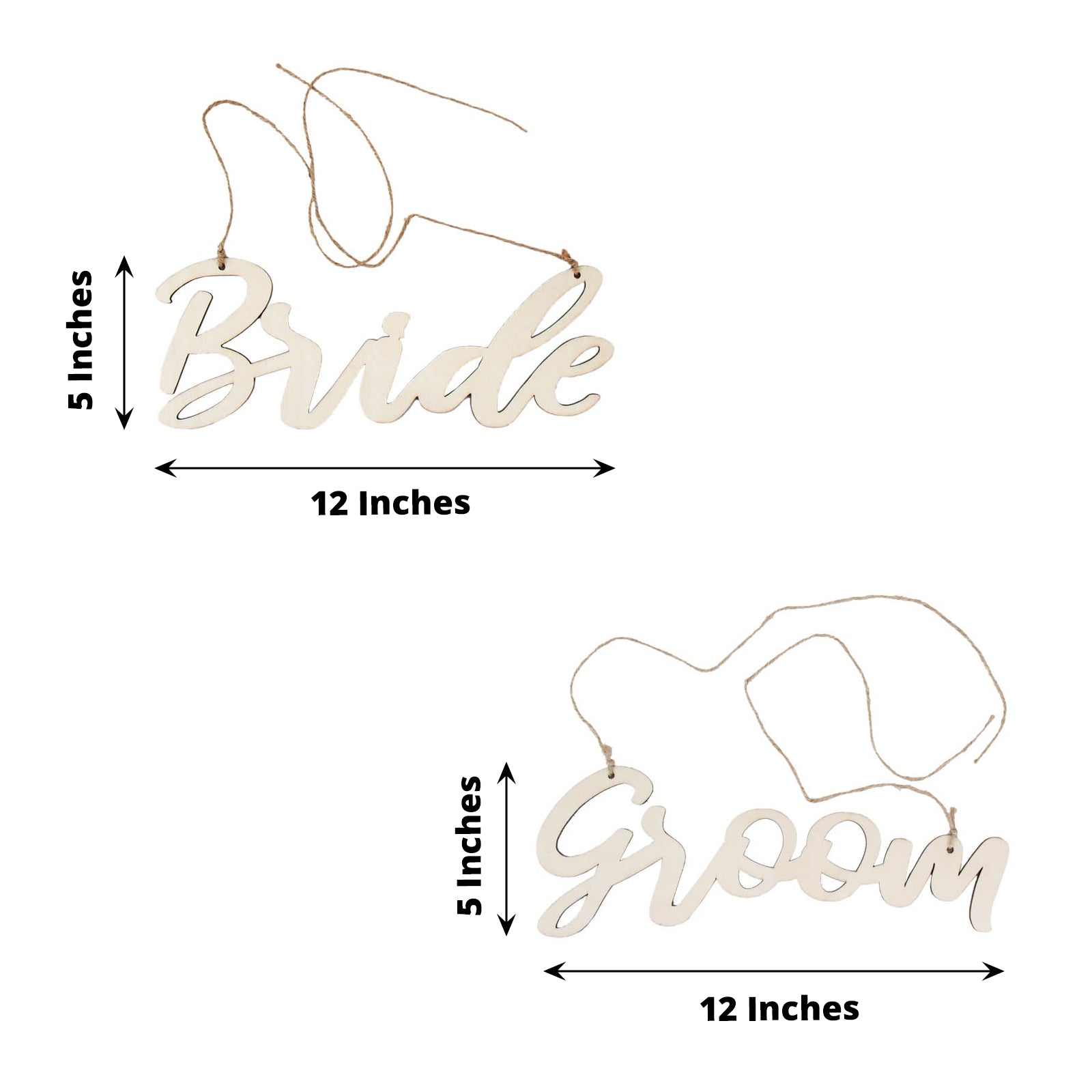 Natural wood Bride and Groom chair signs for wedding decor.