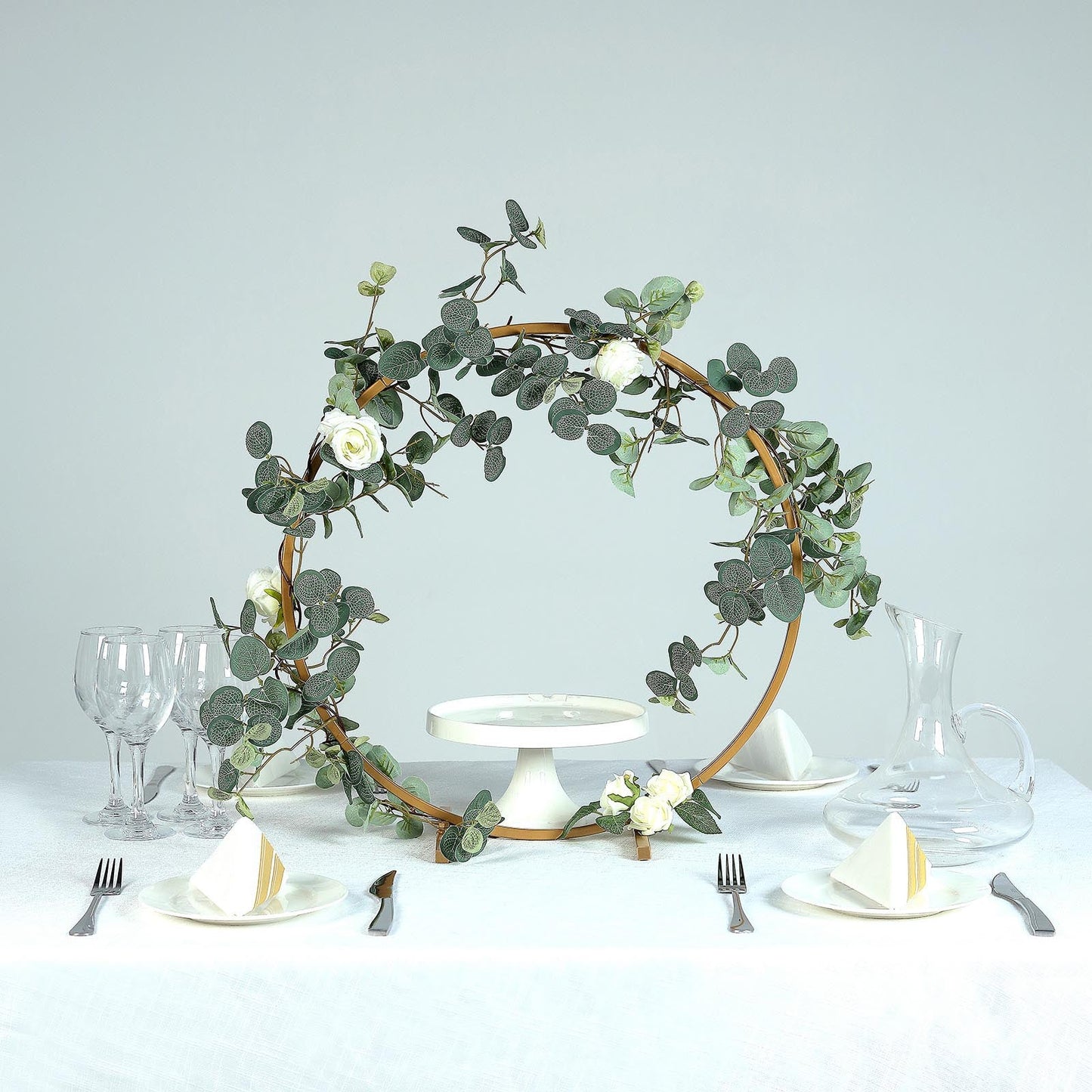 20" Gold Round Arch Wedding Centerpiece, Metal Hoop Wreath Tabletop Decor