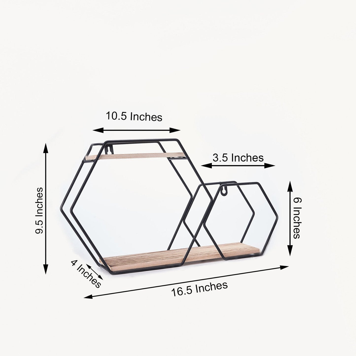 Black geometric floating shelf with two tiers and a unique hexagon design.