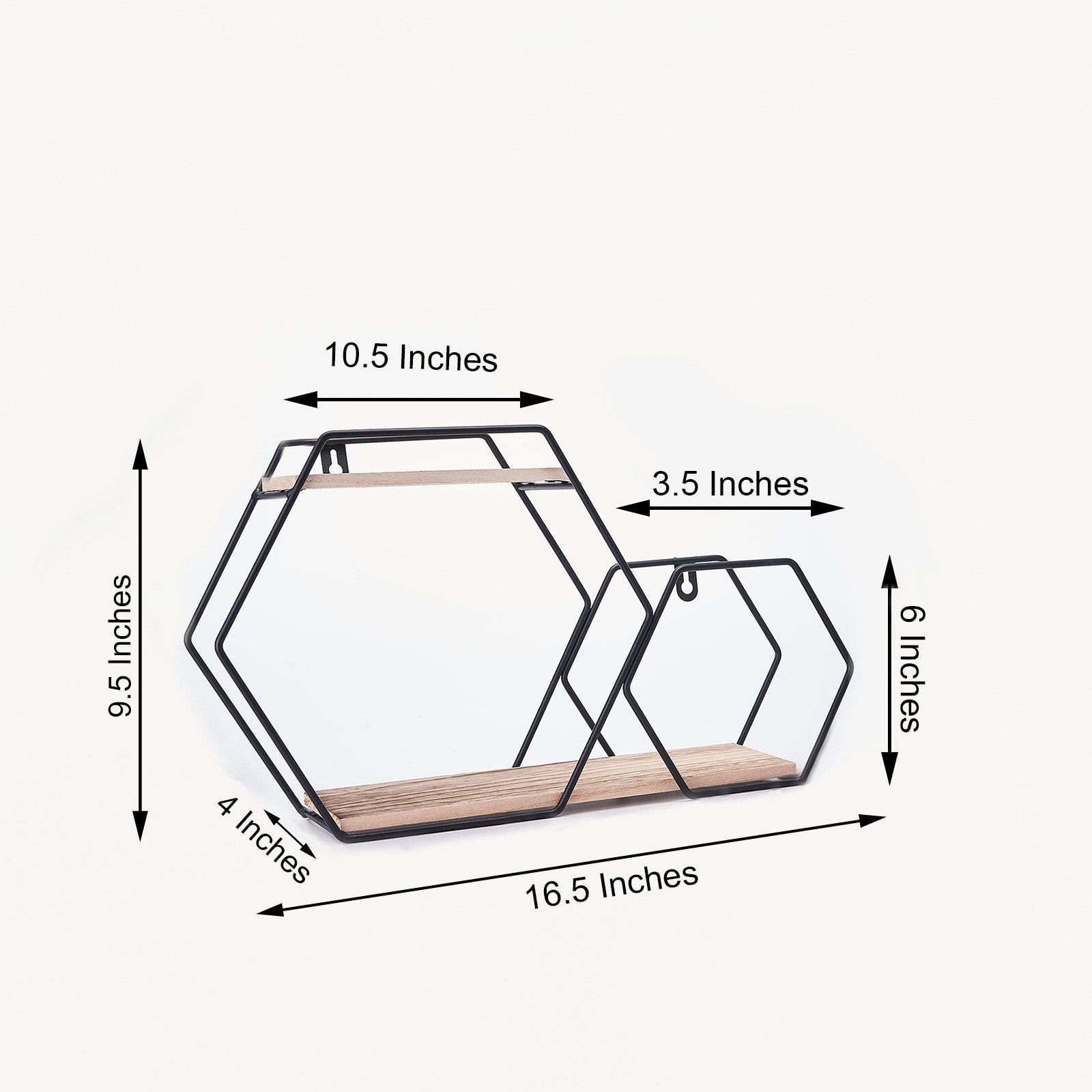 Black geometric floating shelf with two tiers and a unique hexagon design.