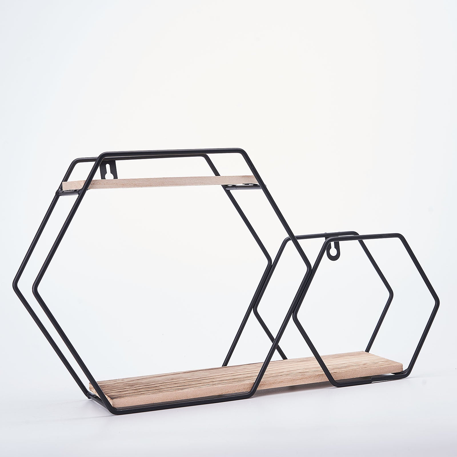 Black geometric 2-tier hexagon floating shelf with wood accents. #whtbkgd