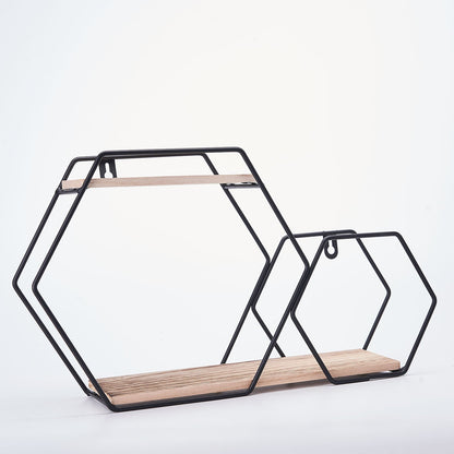 Black geometric 2-tier hexagon floating shelf with wood accents. #whtbkgd